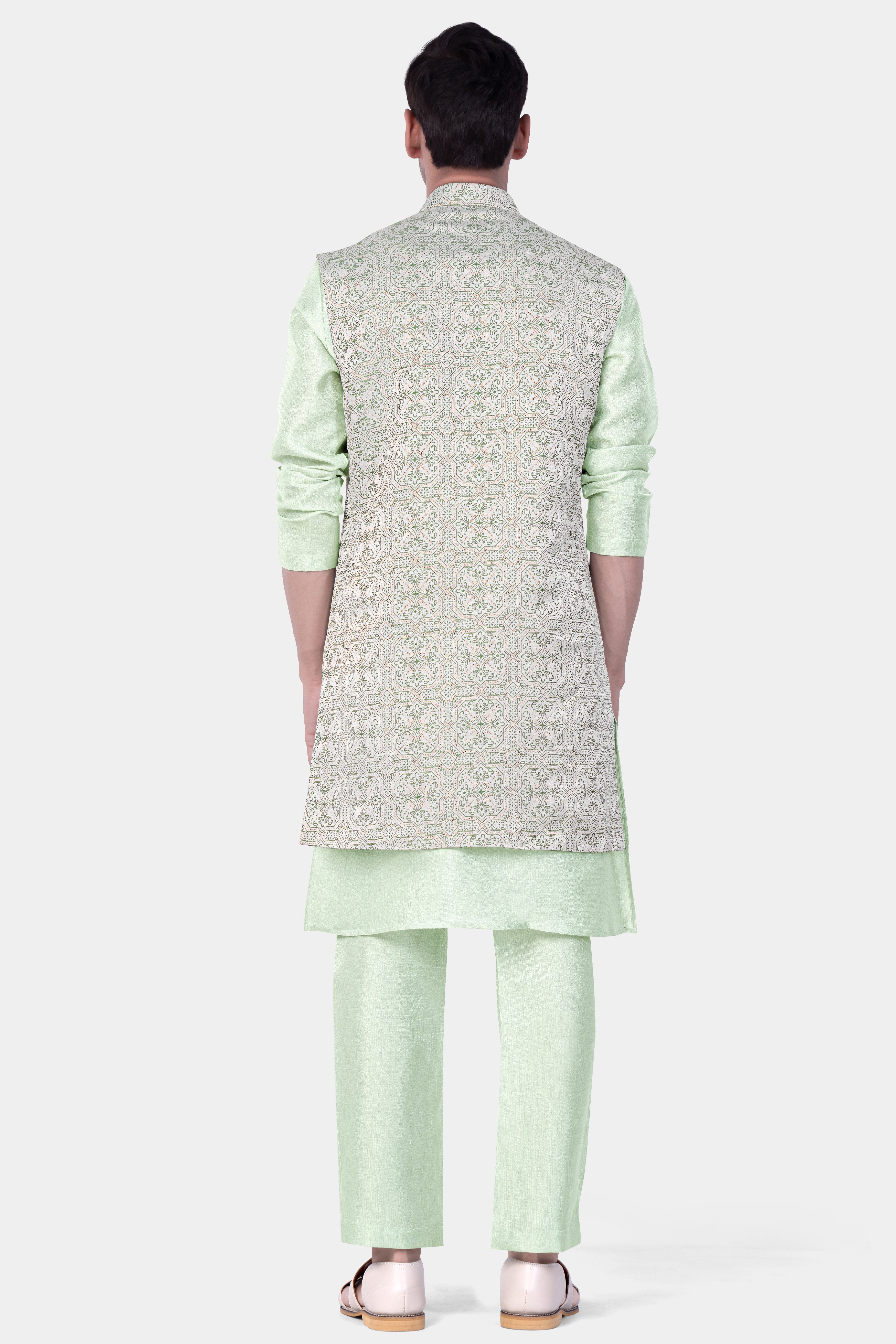 Porcelain Gray with Green Kurta and pajama jacquard Indo-Western Set