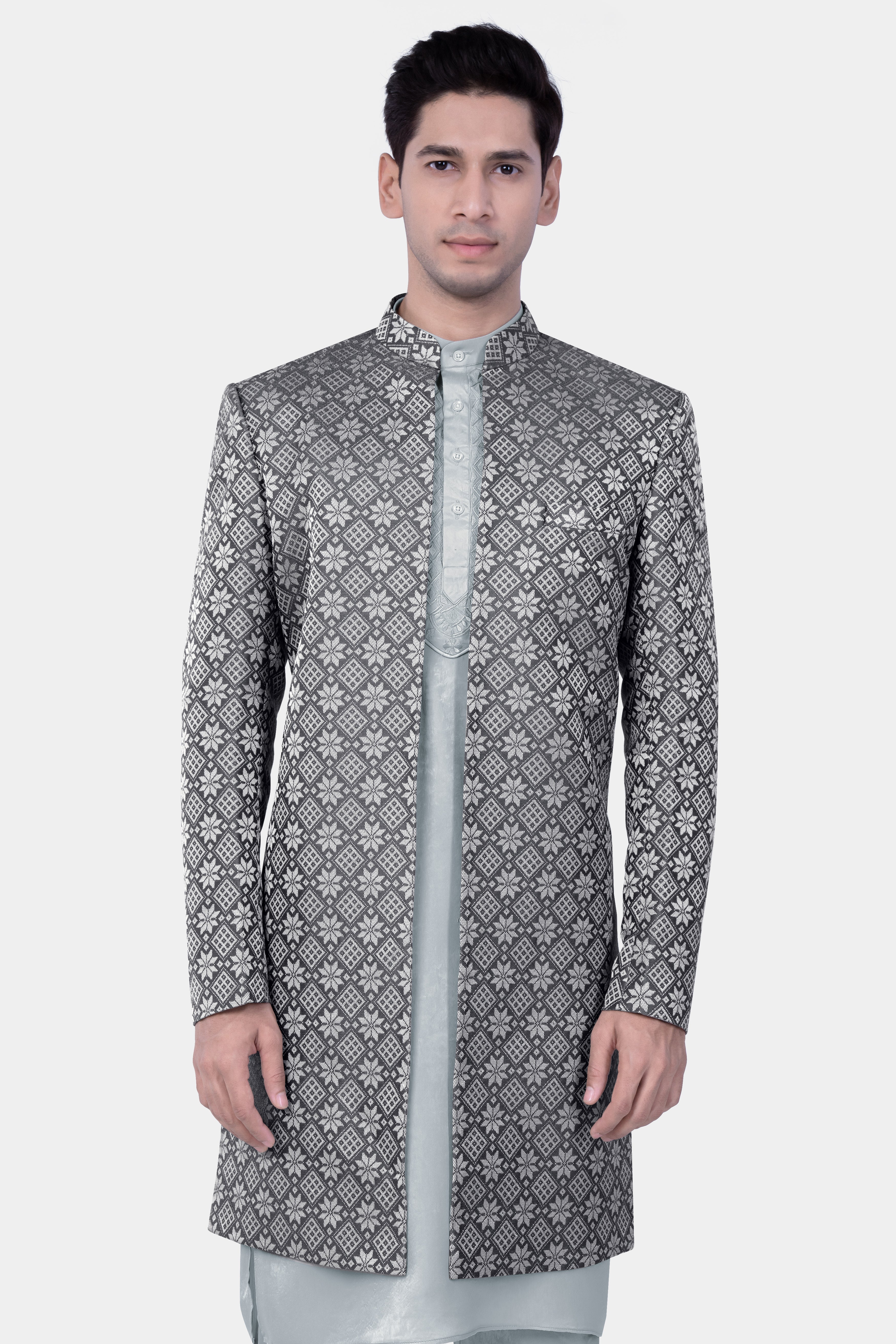 Gravel Gray Jacquard Party Wear Indo-Western Set