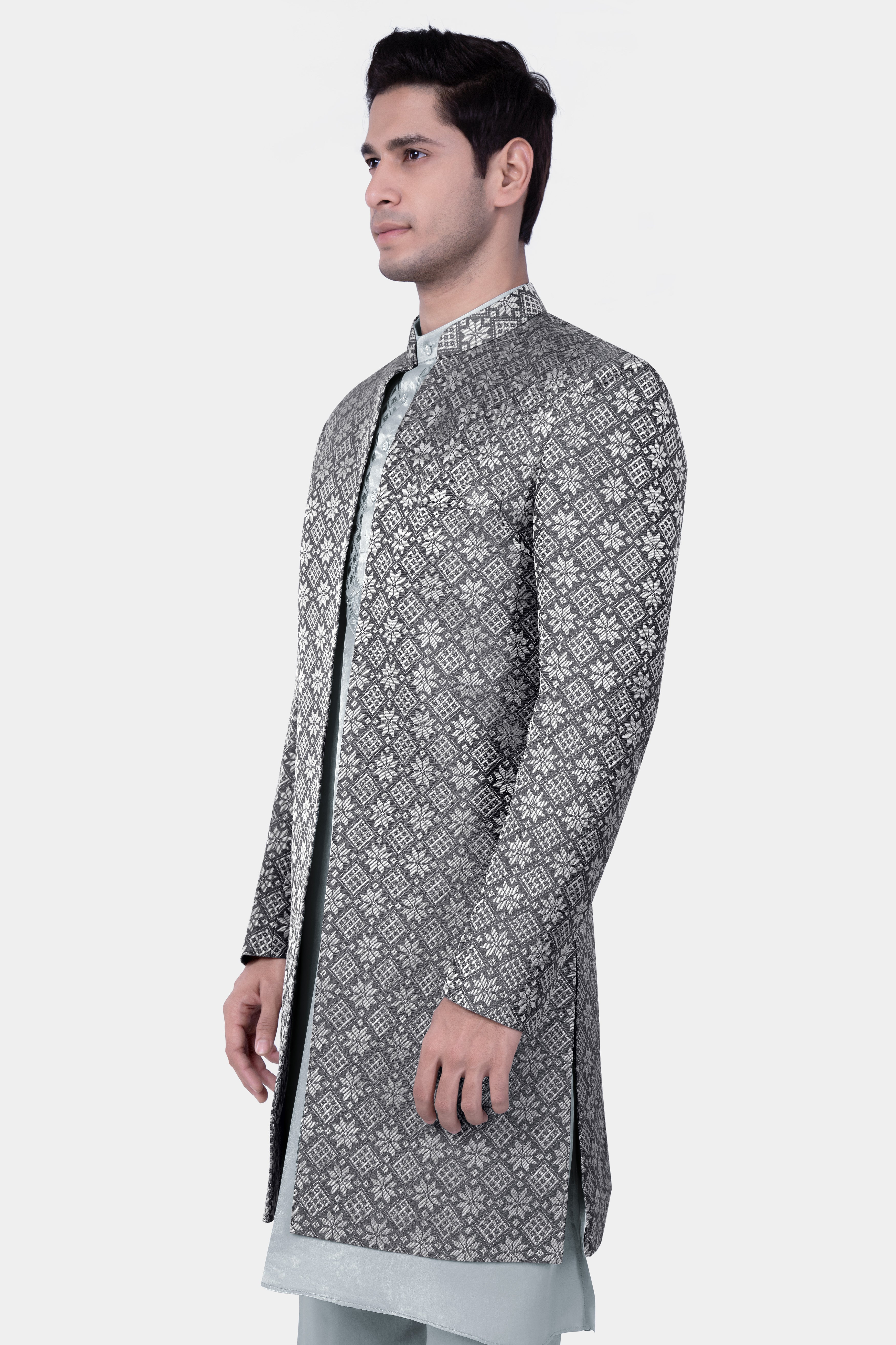 Gravel Gray Jacquard Party Wear Indo-Western Set