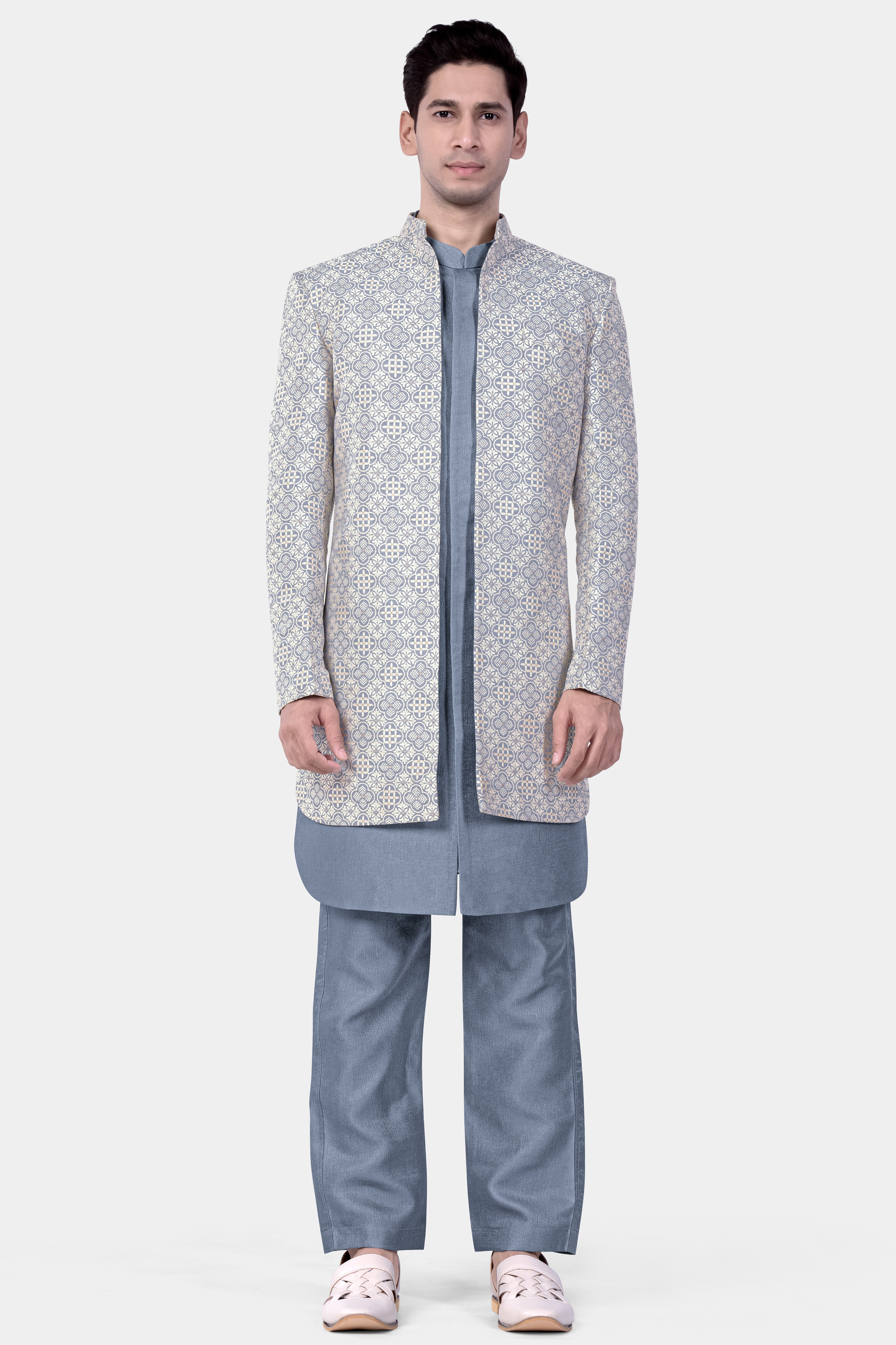 Cadet Blue and White Moroccan Jacquard Textured Designer Indo-Western Set