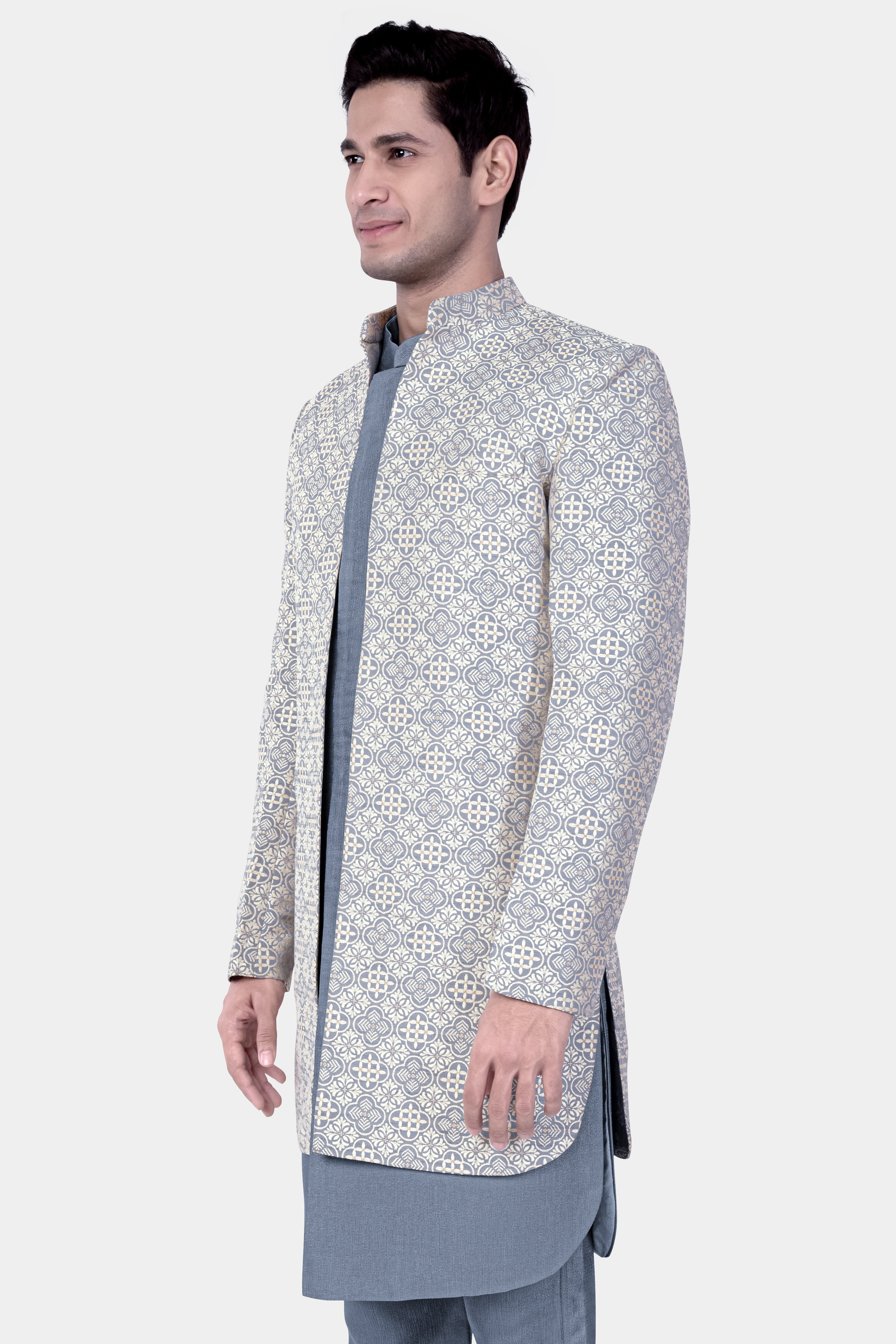 Cadet Blue and White Moroccan Jacquard Textured Designer Indo-Western Set