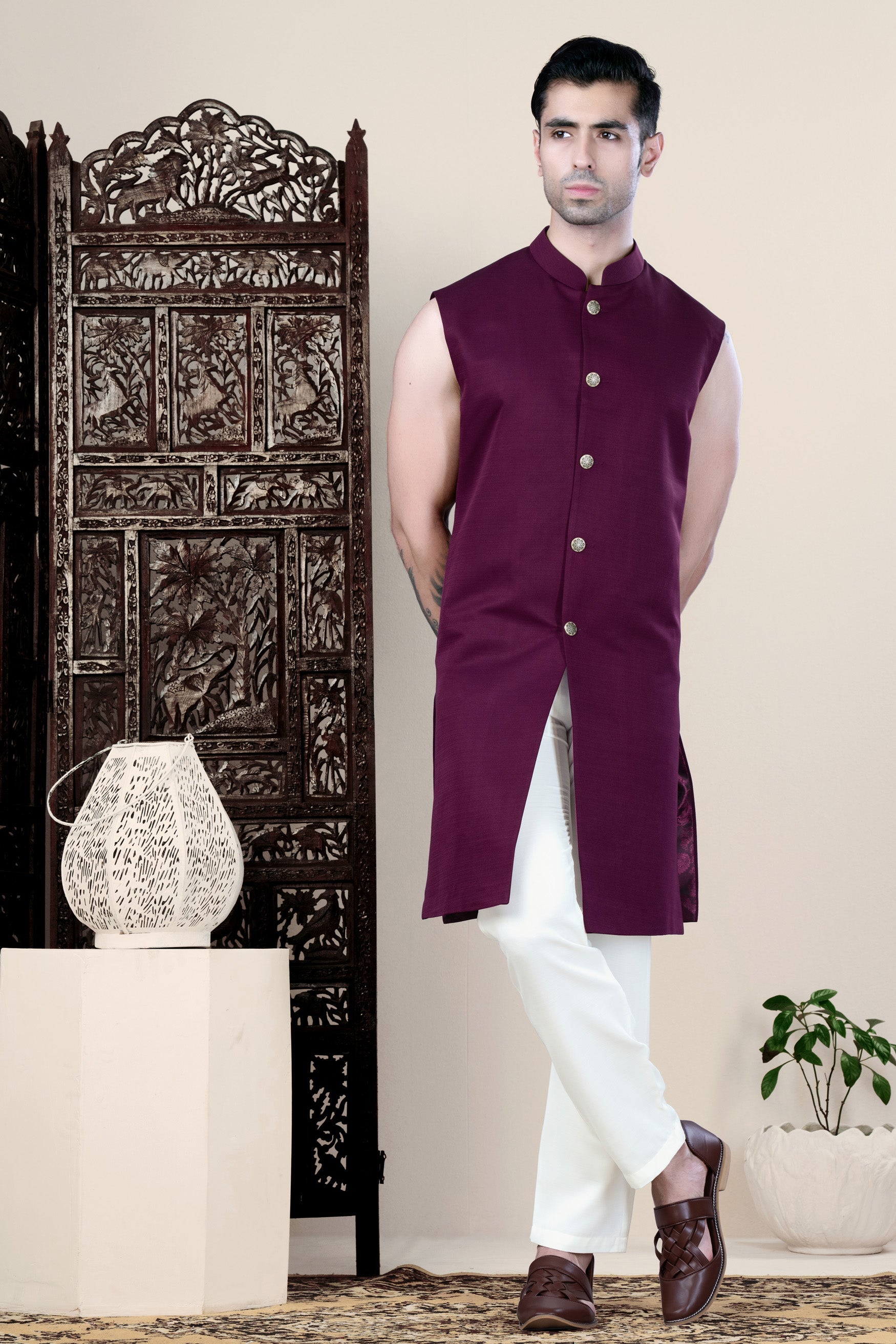 Shadow Brown Textured Premium Terry Rayon Bandhgala/Jodhpuri Suits for Men.