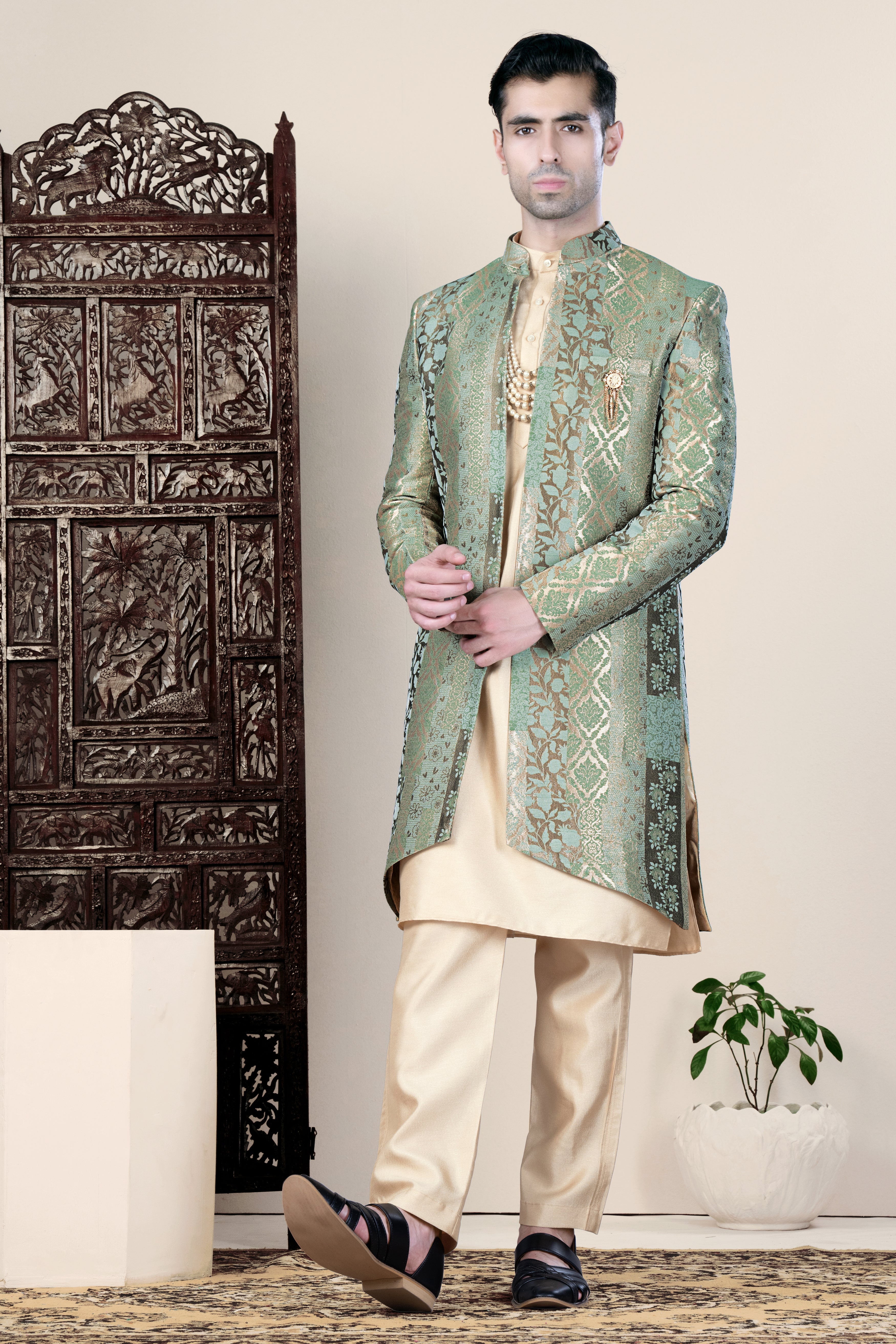 Envy Green and Opium Brown Jacquard Weave Indo-Western Set