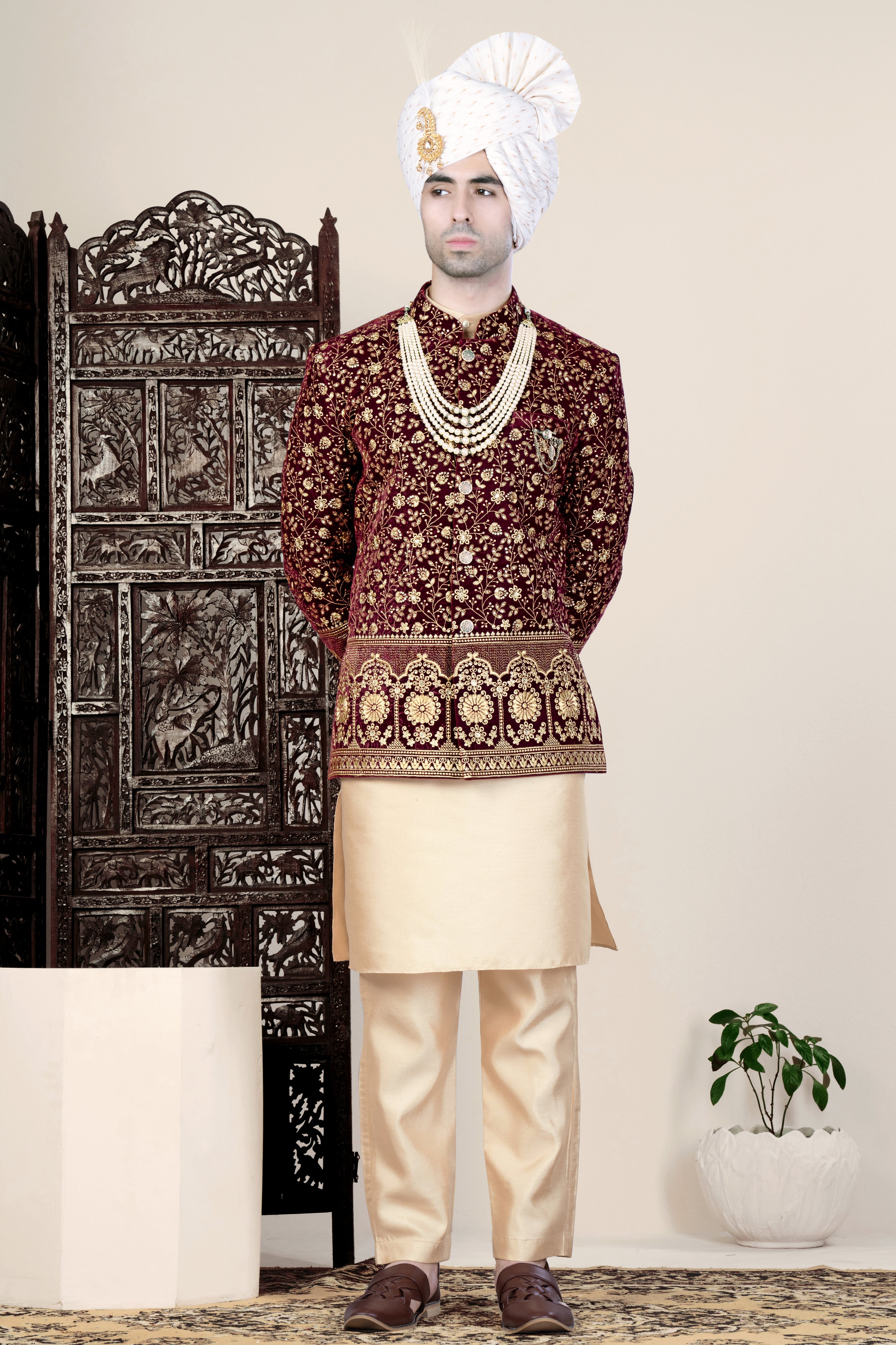 Temptress Maroon Floral Golden Thread Embroidered Jodhpuri Set