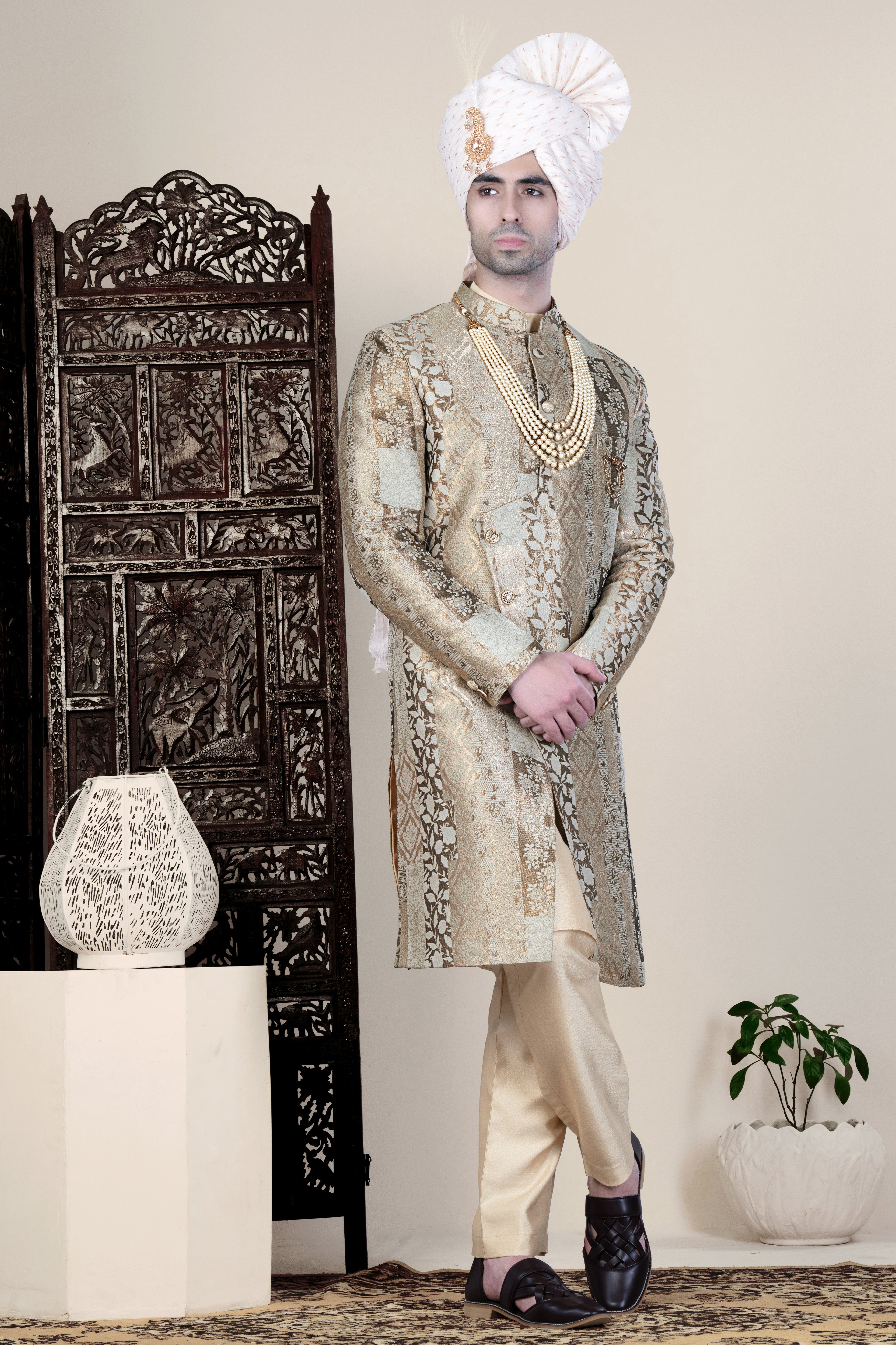 Nomad Brown and Armadillo Gray Jacquard Floral Weave Indo-Western Sherwani Set