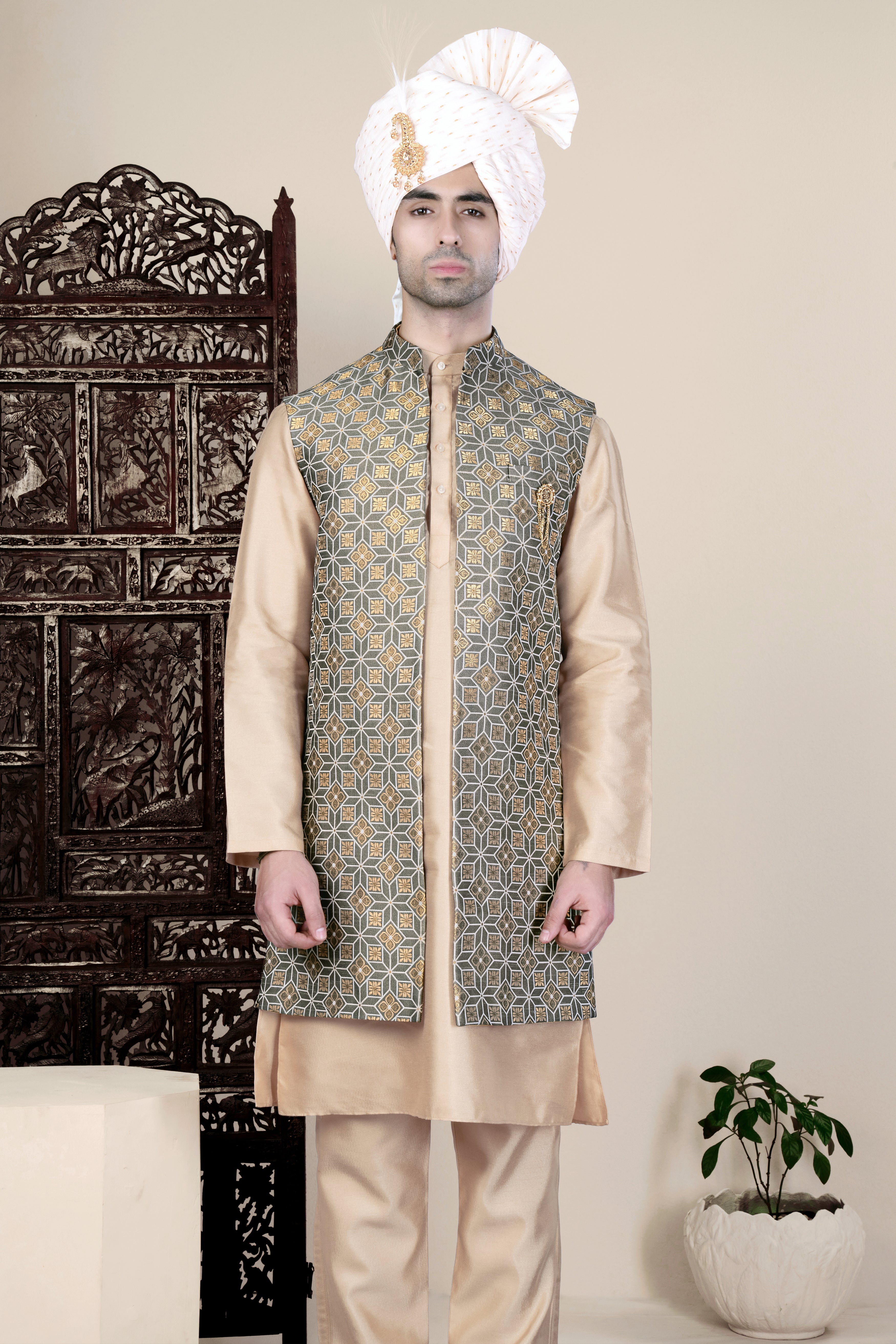 Buy Rust And Gold Kurta Jacket Set Online in the USA @Manyavar - Kurta  Jacket Set for Men