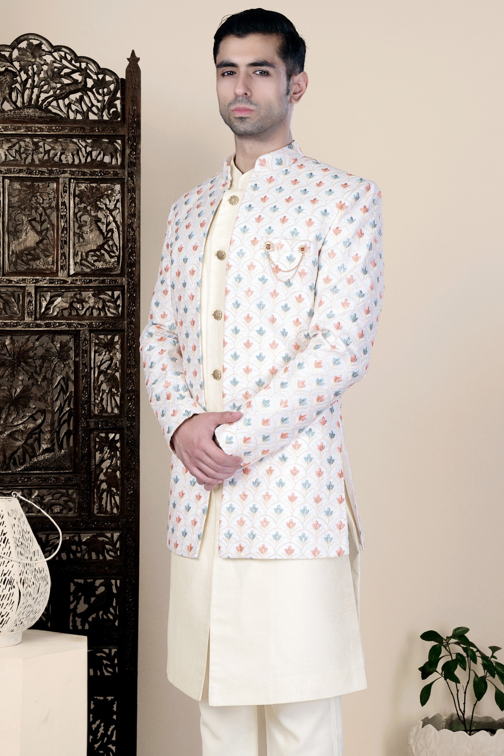 Whisp Cream and Cascade Blue Multicolour Thread Embroidered Indo-Western Set