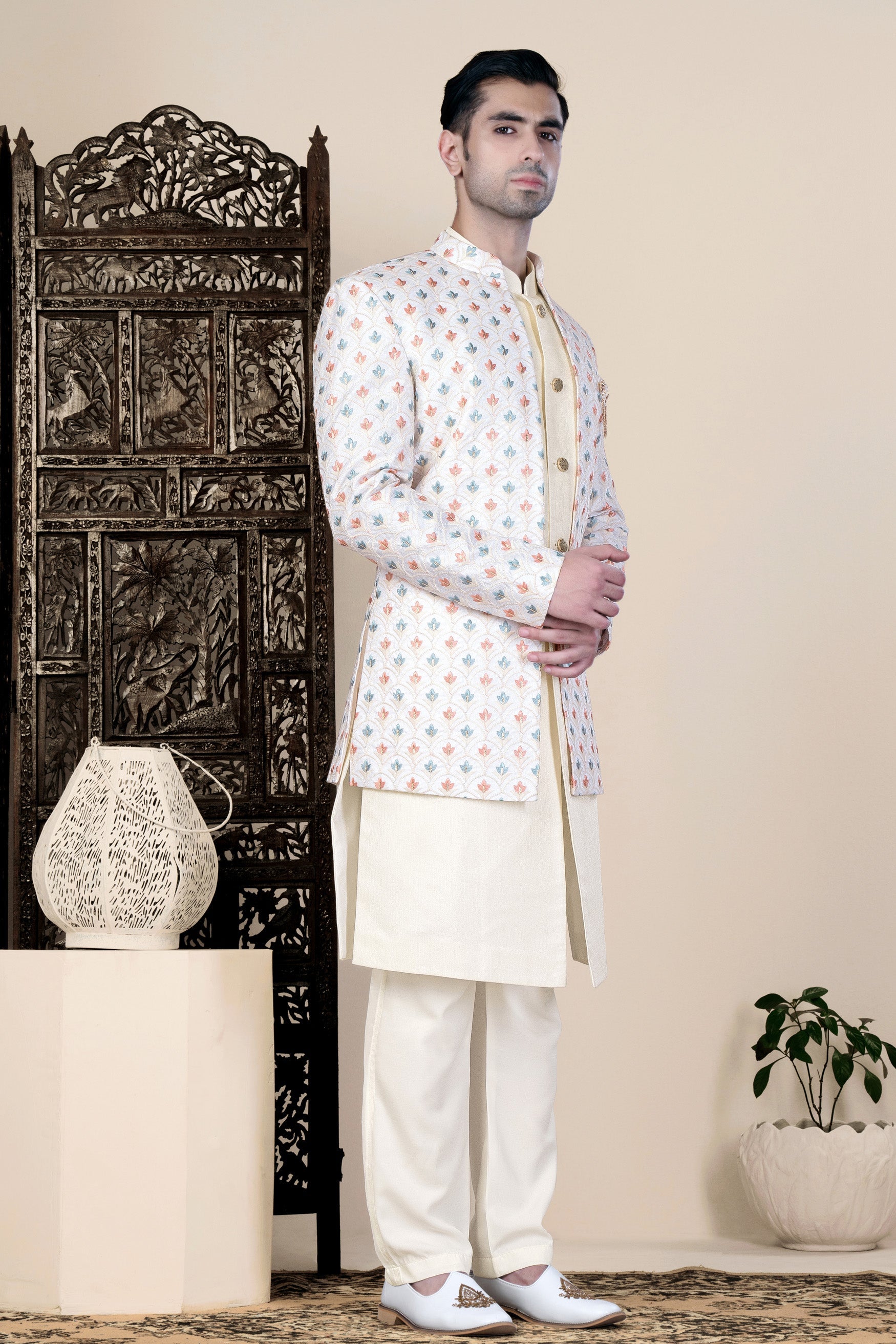 Whisp Cream and Cascade Blue Multicolour Thread Embroidered Indo-Western Set
