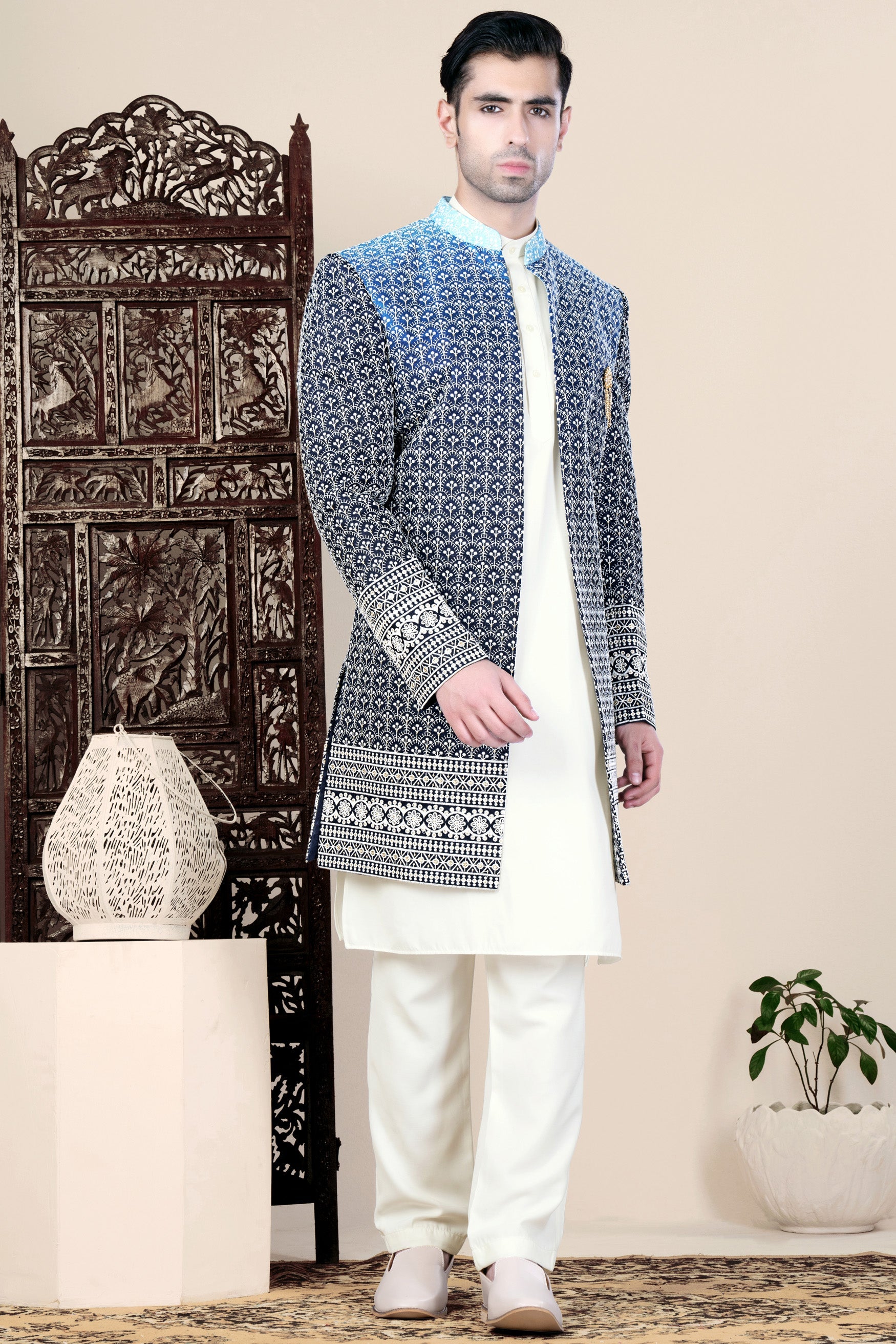 Cloud Blue and White Thread Embroidered Indo-Western Set