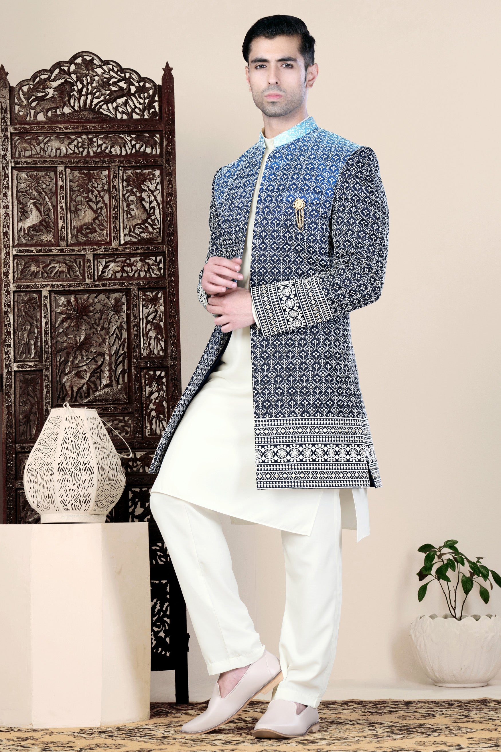 Cloud Blue and White Thread Embroidered Indo-Western Set