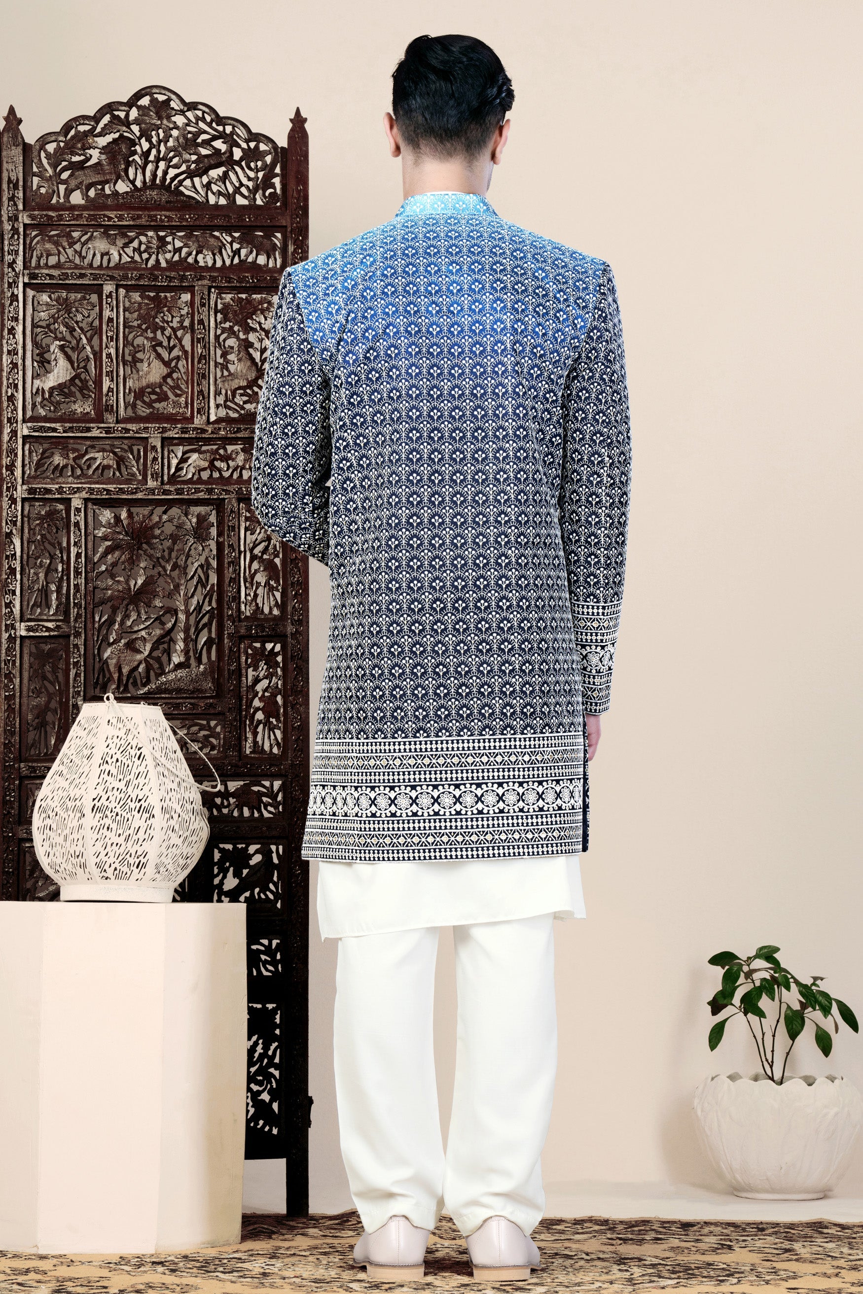 Cloud Blue and White Thread Embroidered Indo-Western Set