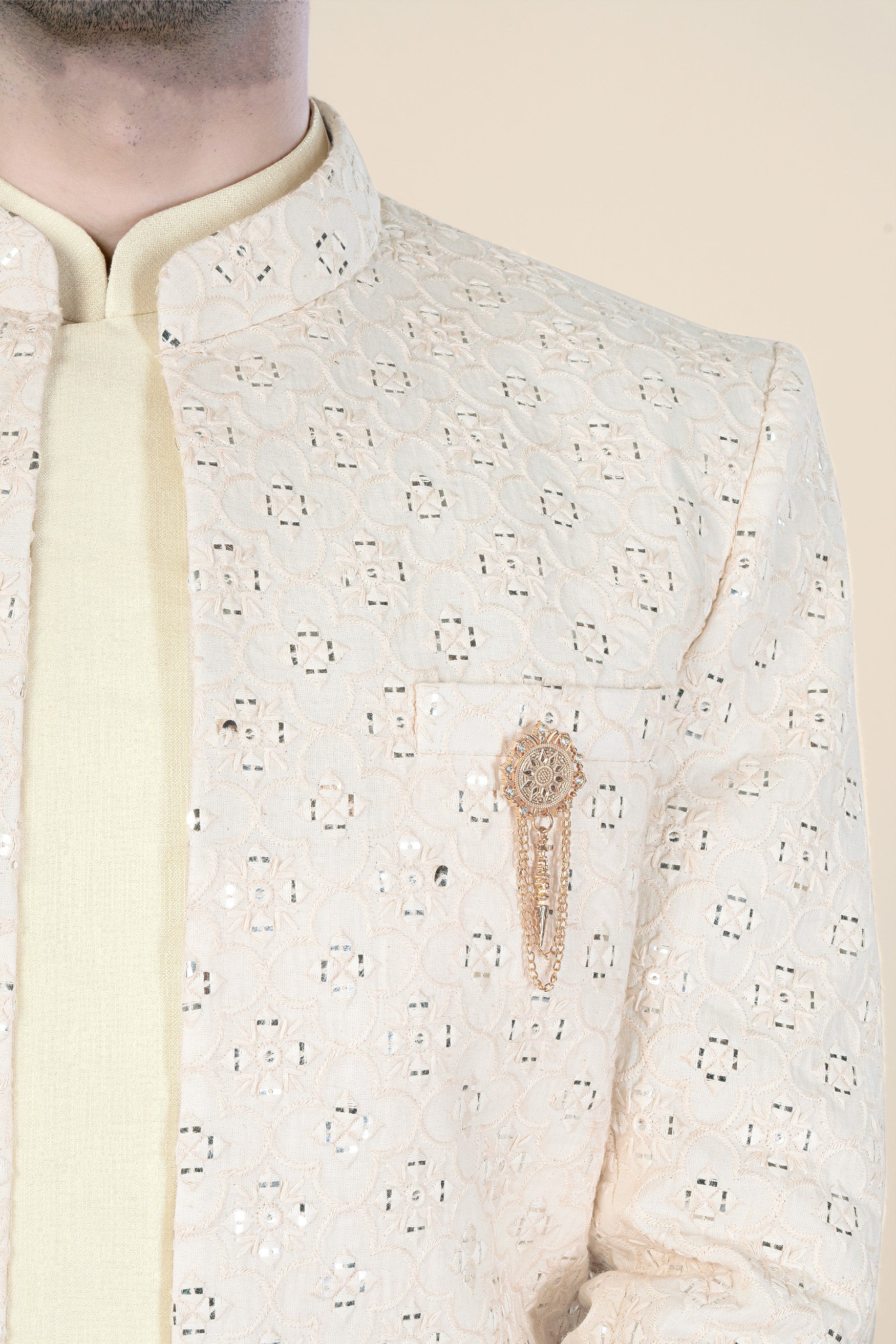 Almond Beige Thread and Sequin Embroidered Indo-Western