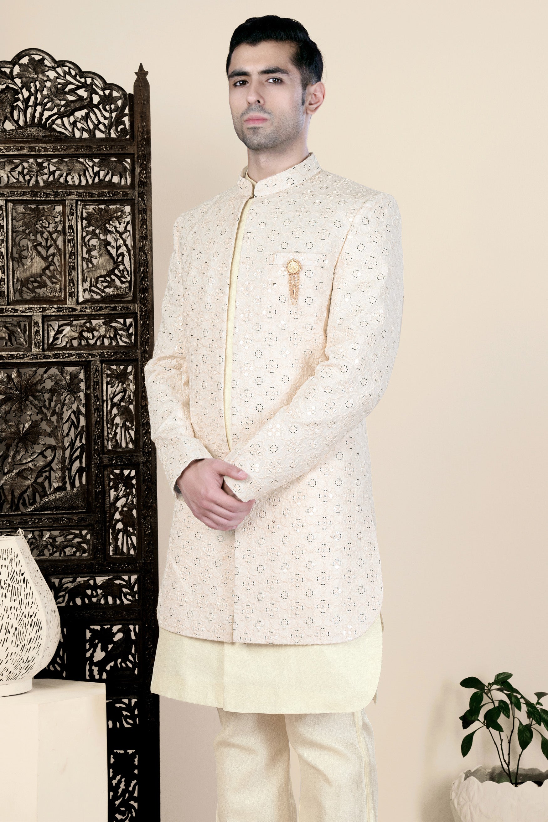 Almond Beige Thread and Sequin Embroidered Indo-Western