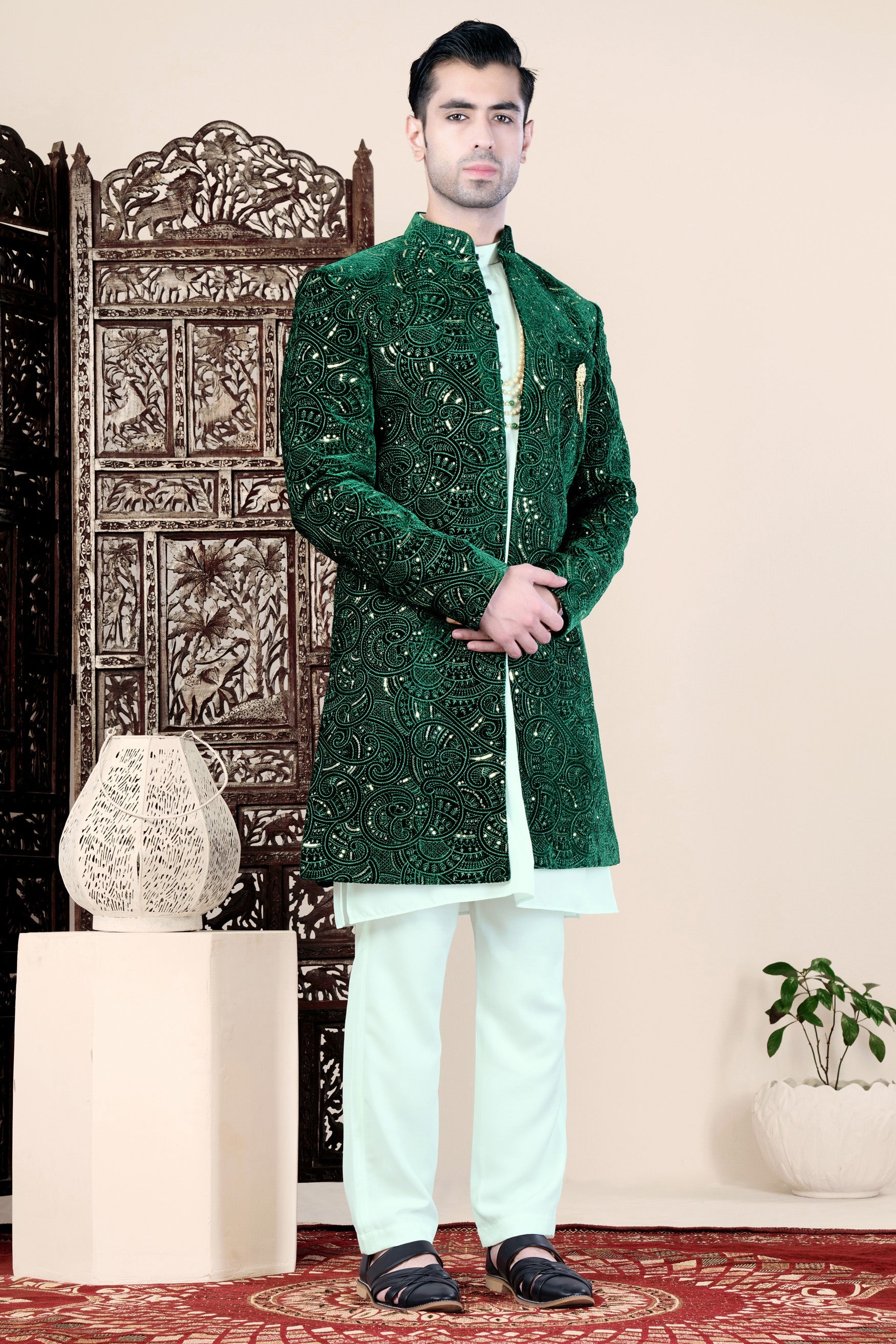 Palm and Jewel Green Thread and Sequin Embroidered Indo-Western