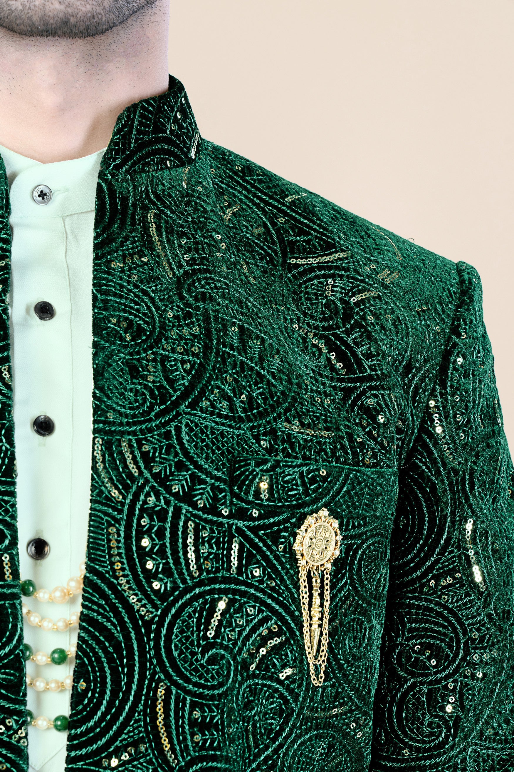Palm and Jewel Green Thread and Sequin Embroidered Indo-Western