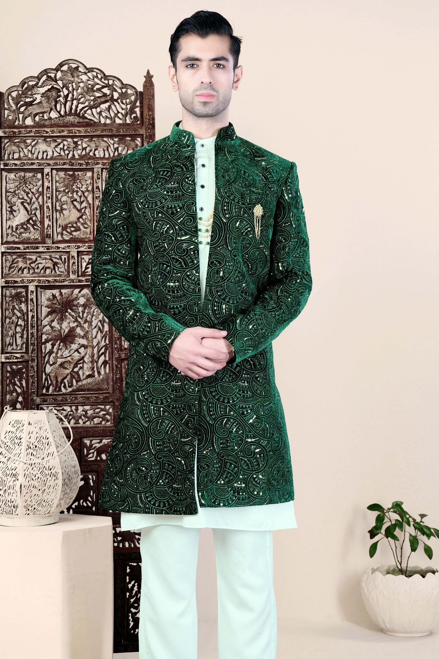 Palm and Jewel Green Thread and Sequin Embroidered Indo-Western