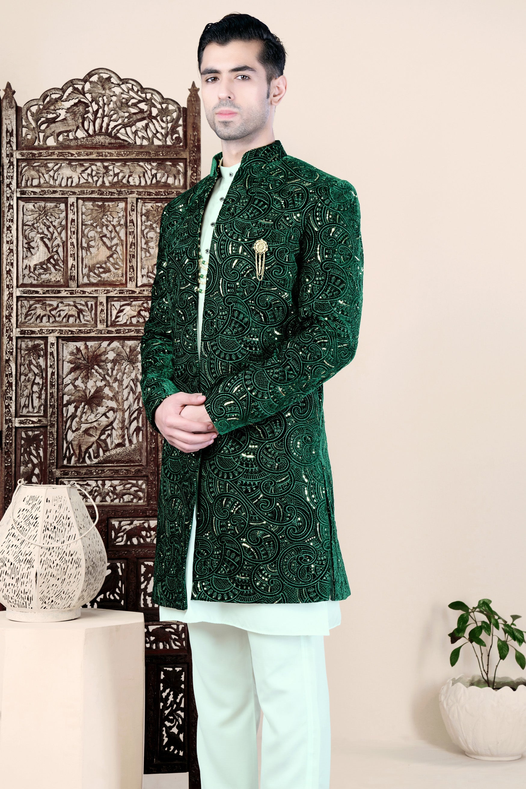 Palm and Jewel Green Thread and Sequin Embroidered Indo-Western