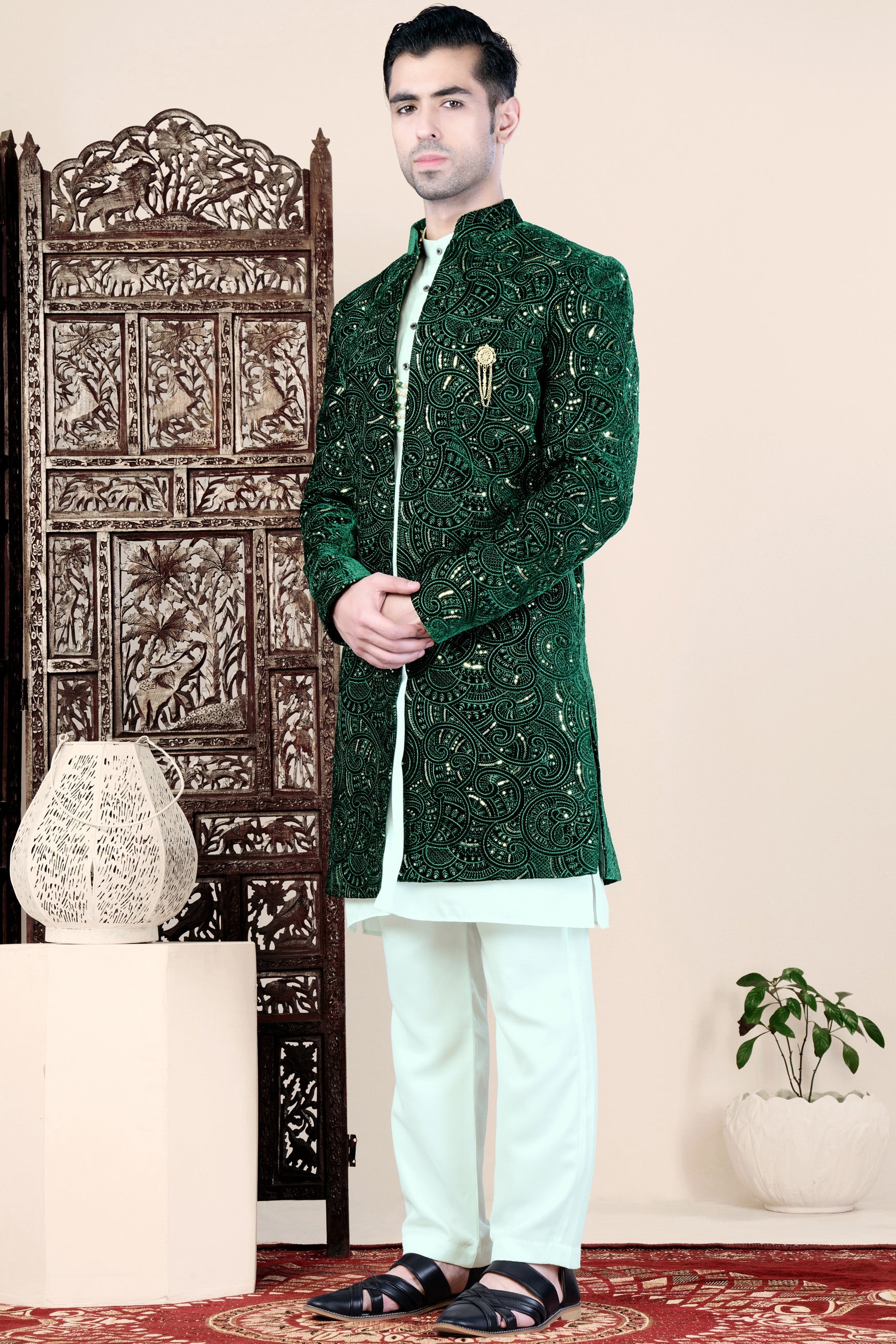 Palm and Jewel Green Thread and Sequin Embroidered Indo-Western