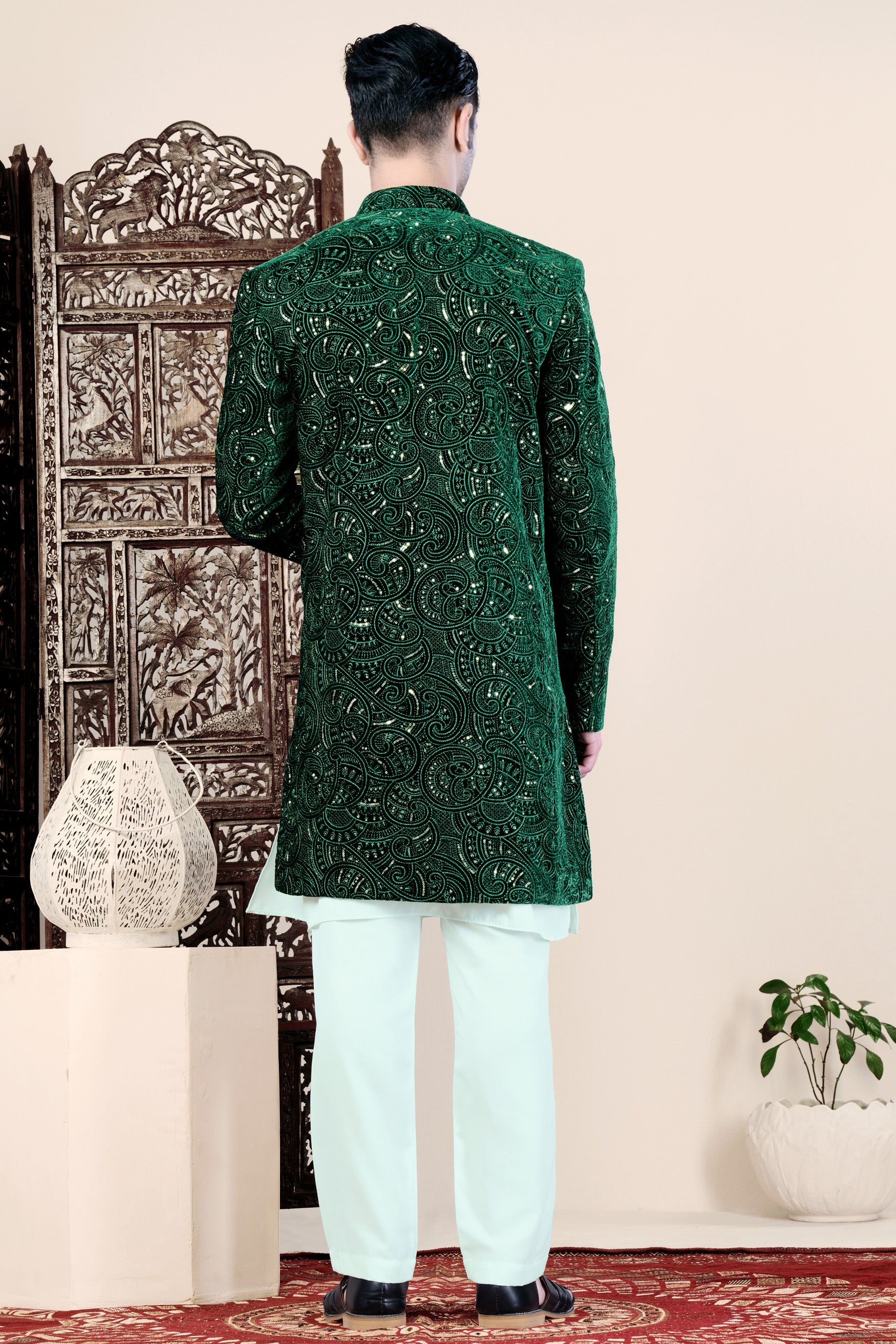 Palm and Jewel Green Thread and Sequin Embroidered Indo-Western