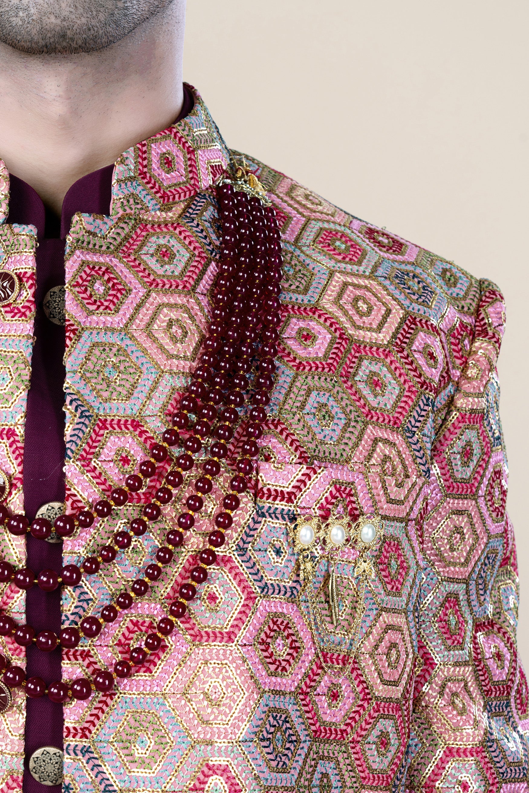 Radical Pink and Rhino Blue Multicolour Thread and Sequin Embroidered Indo-Western Jodhpuri