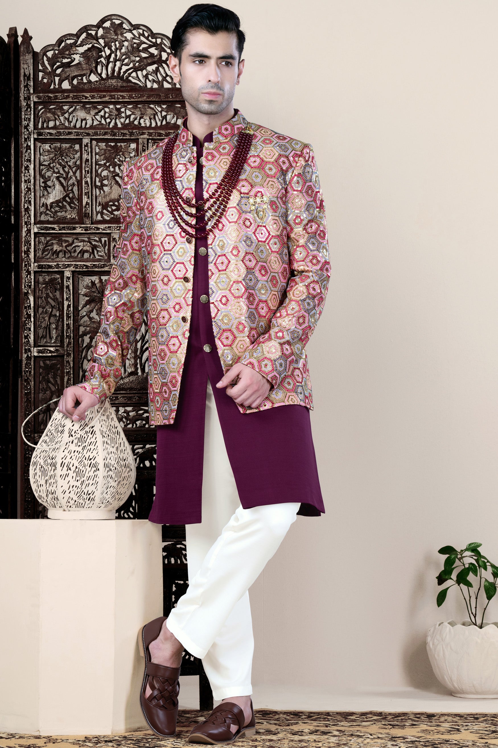 Radical Pink and Rhino Blue Multicolour Thread and Sequin Embroidered Indo-Western Jodhpuri