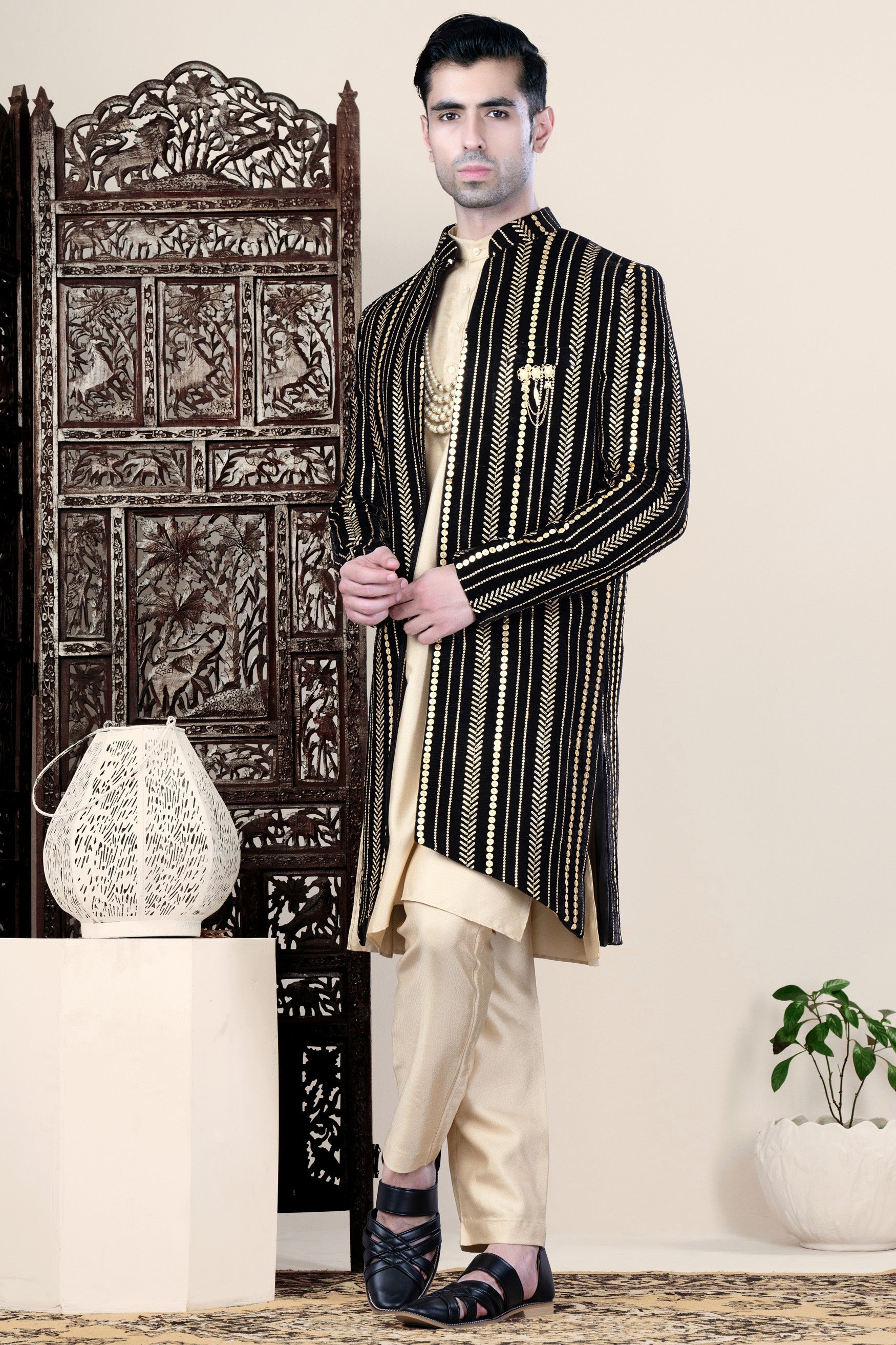 Jade Black Vertical Sequin Embroidered Indo-Western