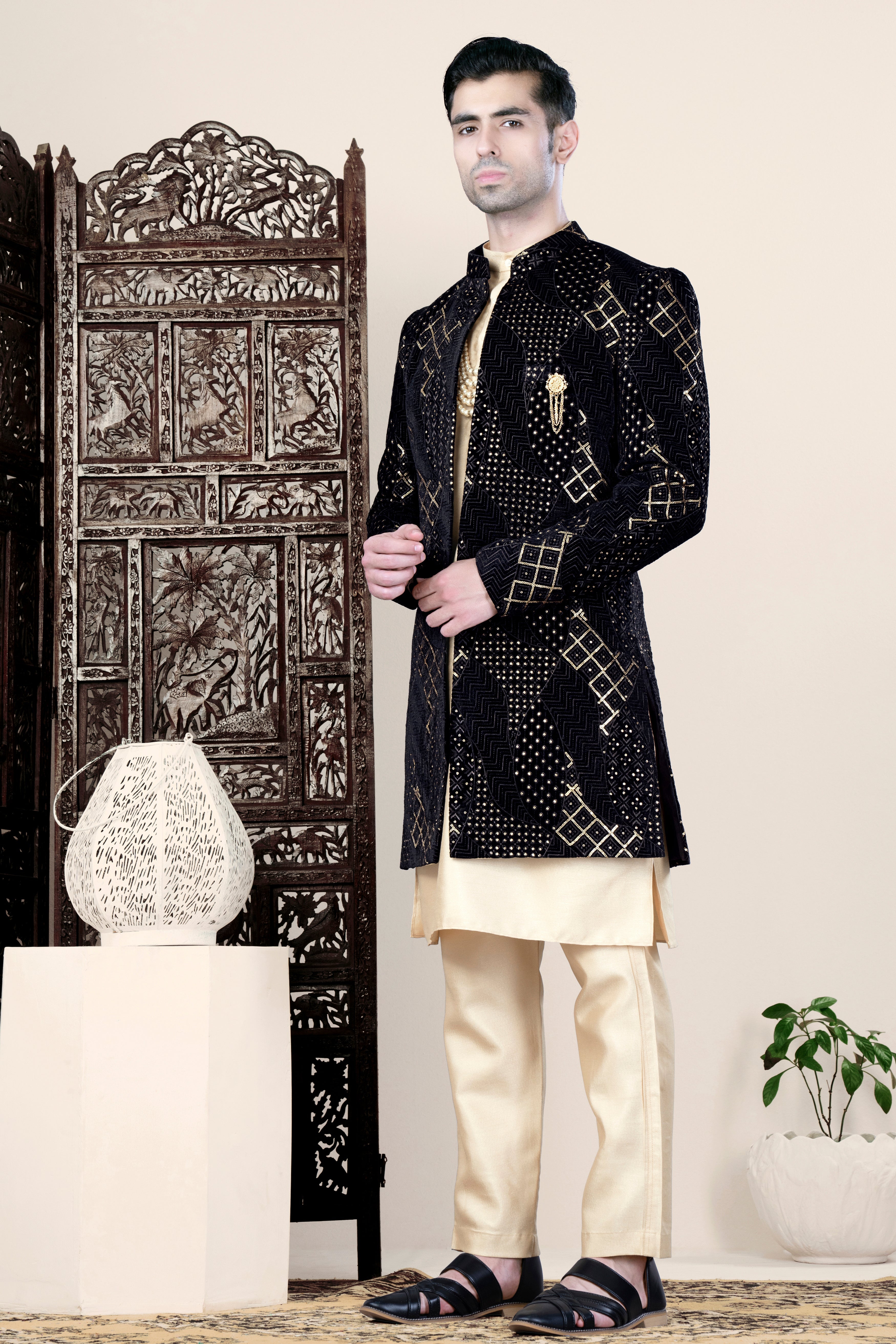 Jade Black Thread and Sequin Embroidered Indo-Western