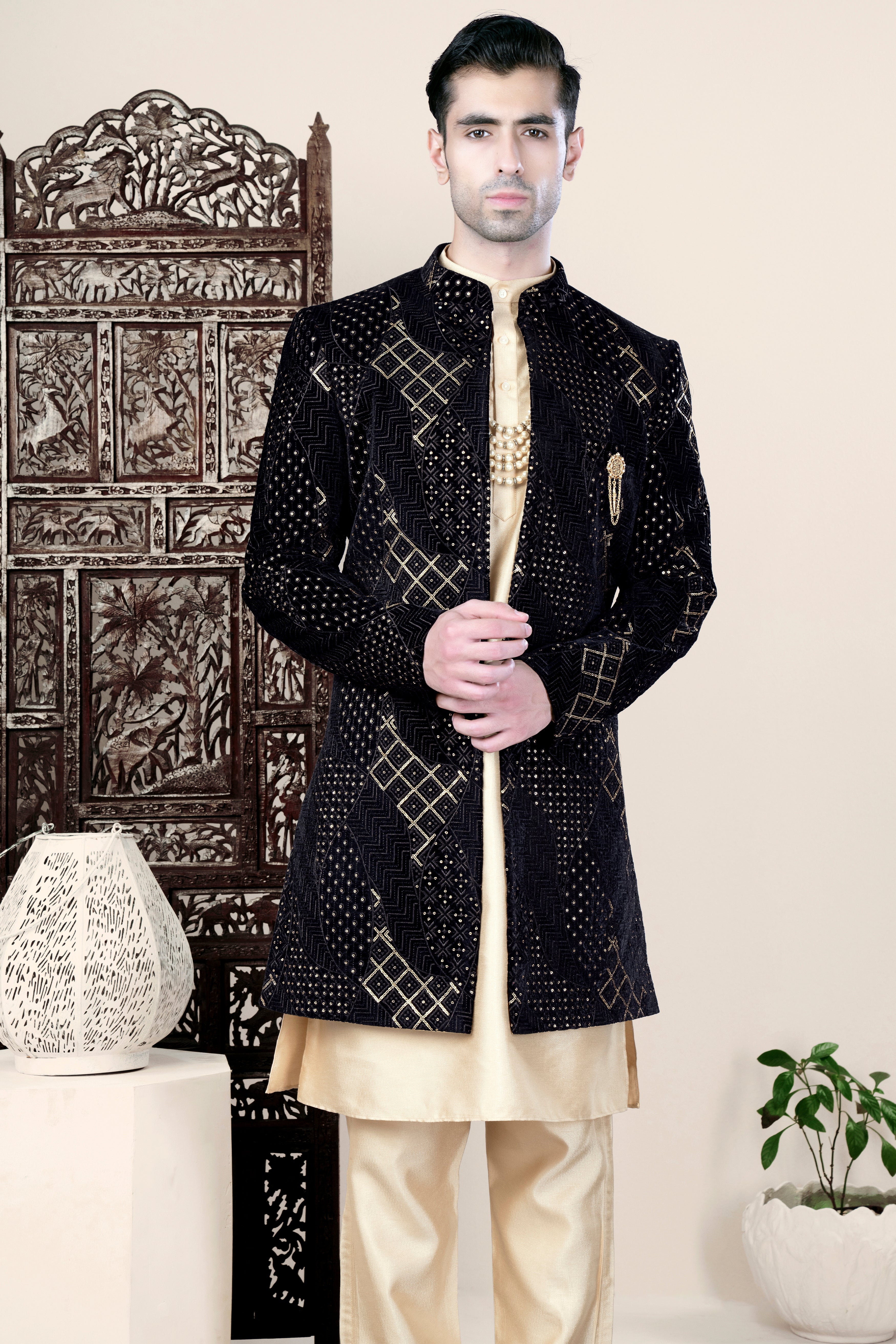 Jade Black Thread and Sequin Embroidered Indo-Western