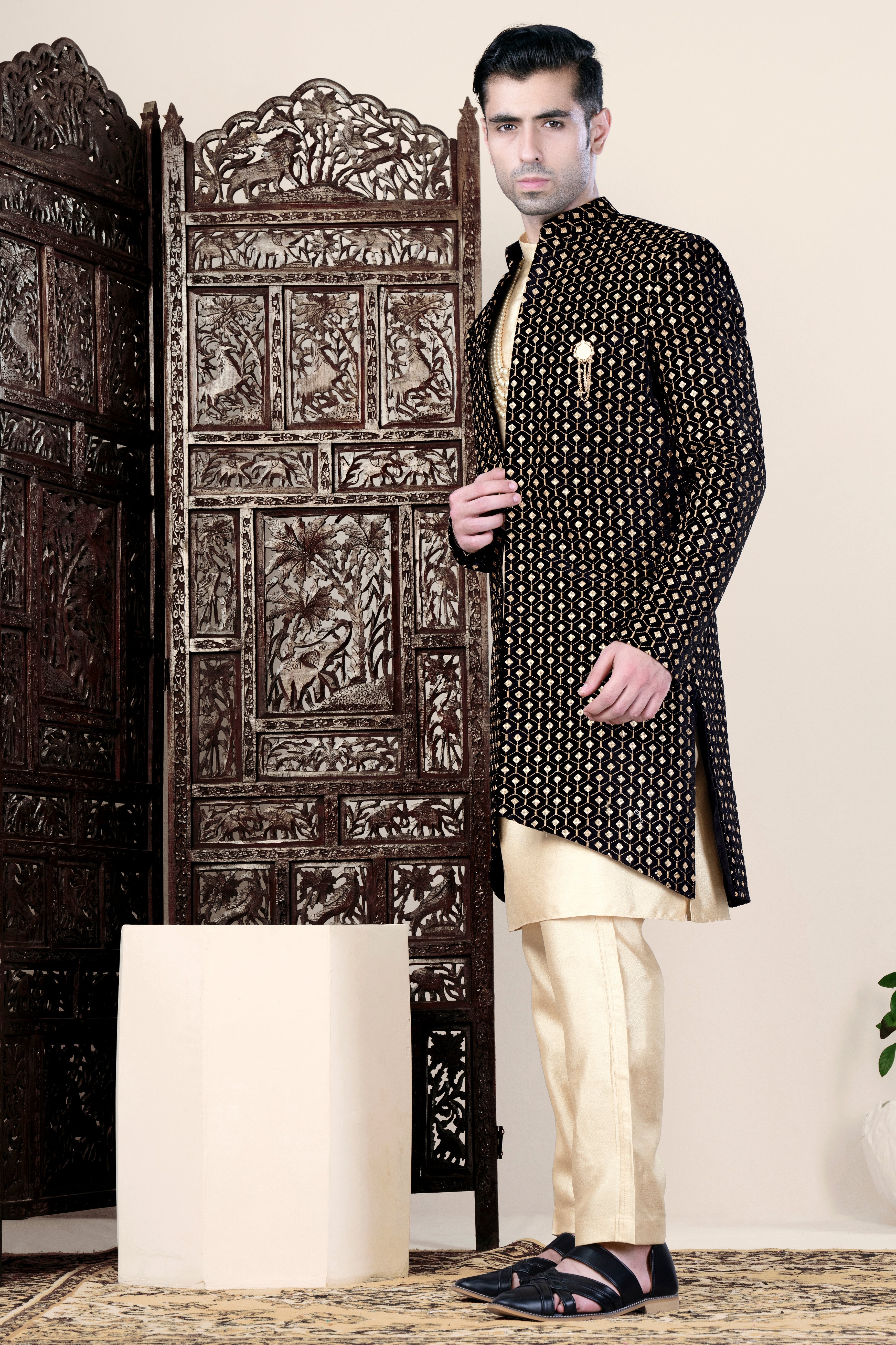 Jade Black and Fawn Brown Geometric Pattern Thread and Sequin Embroidered Indo-Western