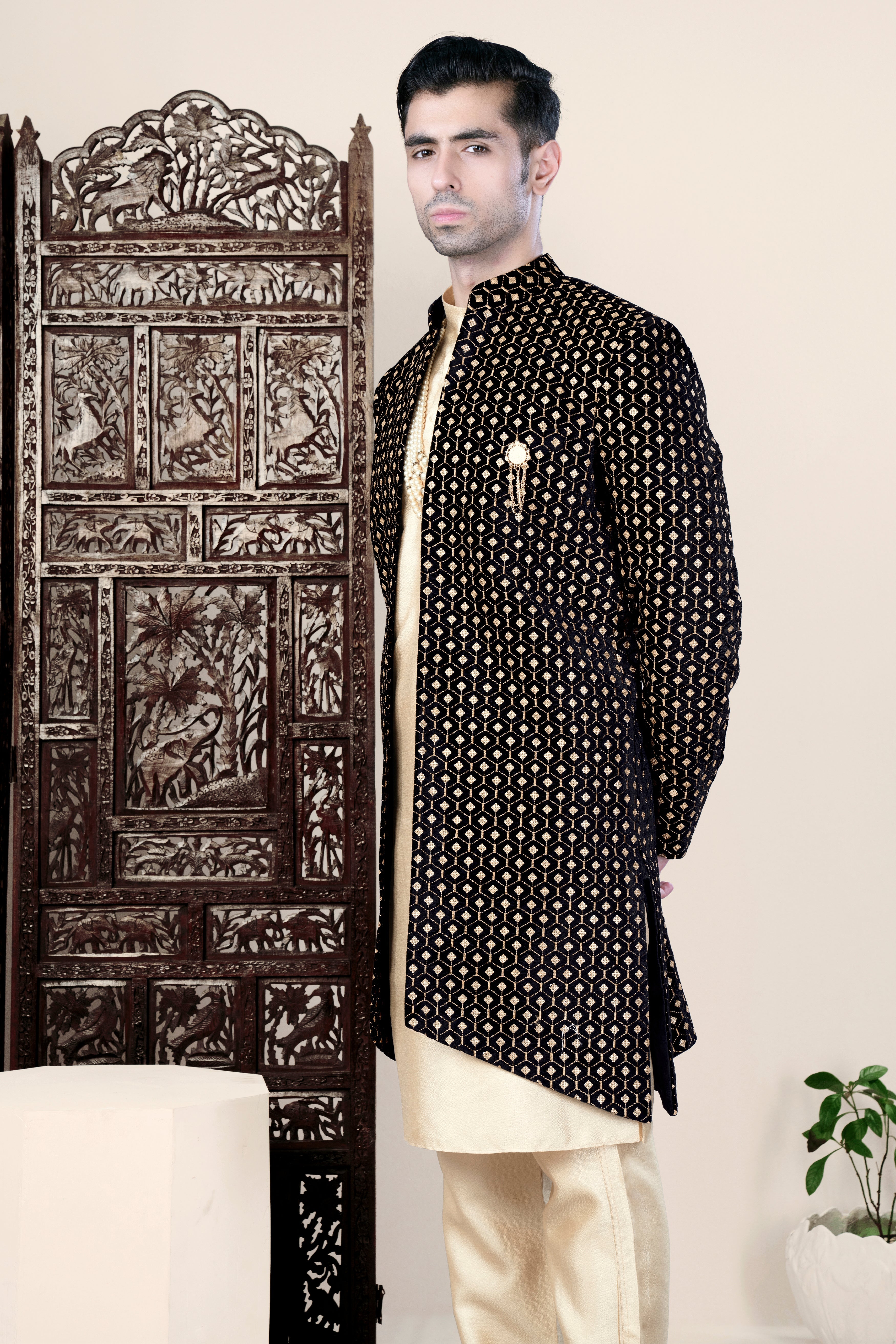 Jade Black and Fawn Brown Geometric Pattern Thread and Sequin Embroidered Indo-Western