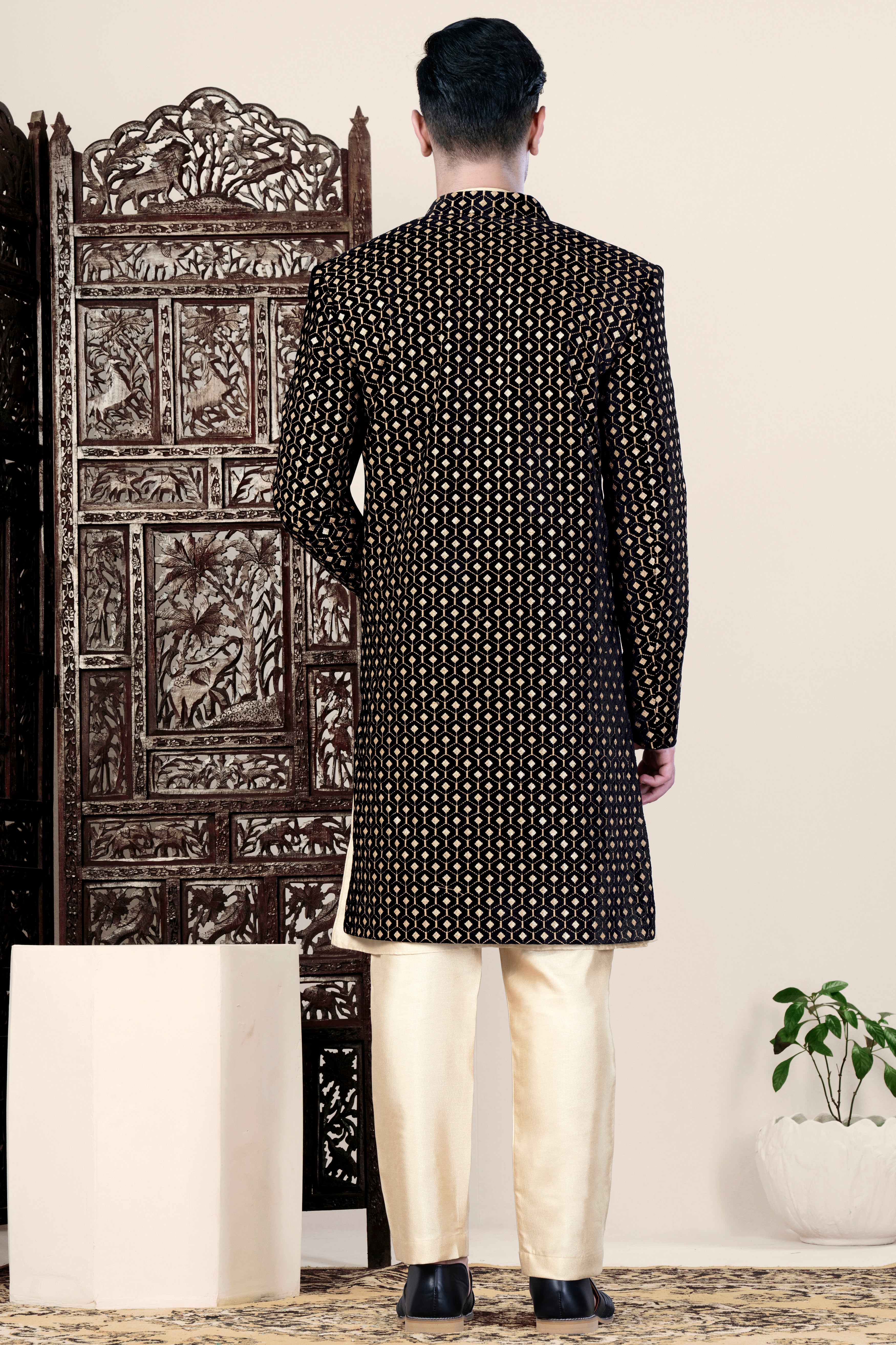 Jade Black and Fawn Brown Geometric Pattern Thread and Sequin Embroidered Indo-Western