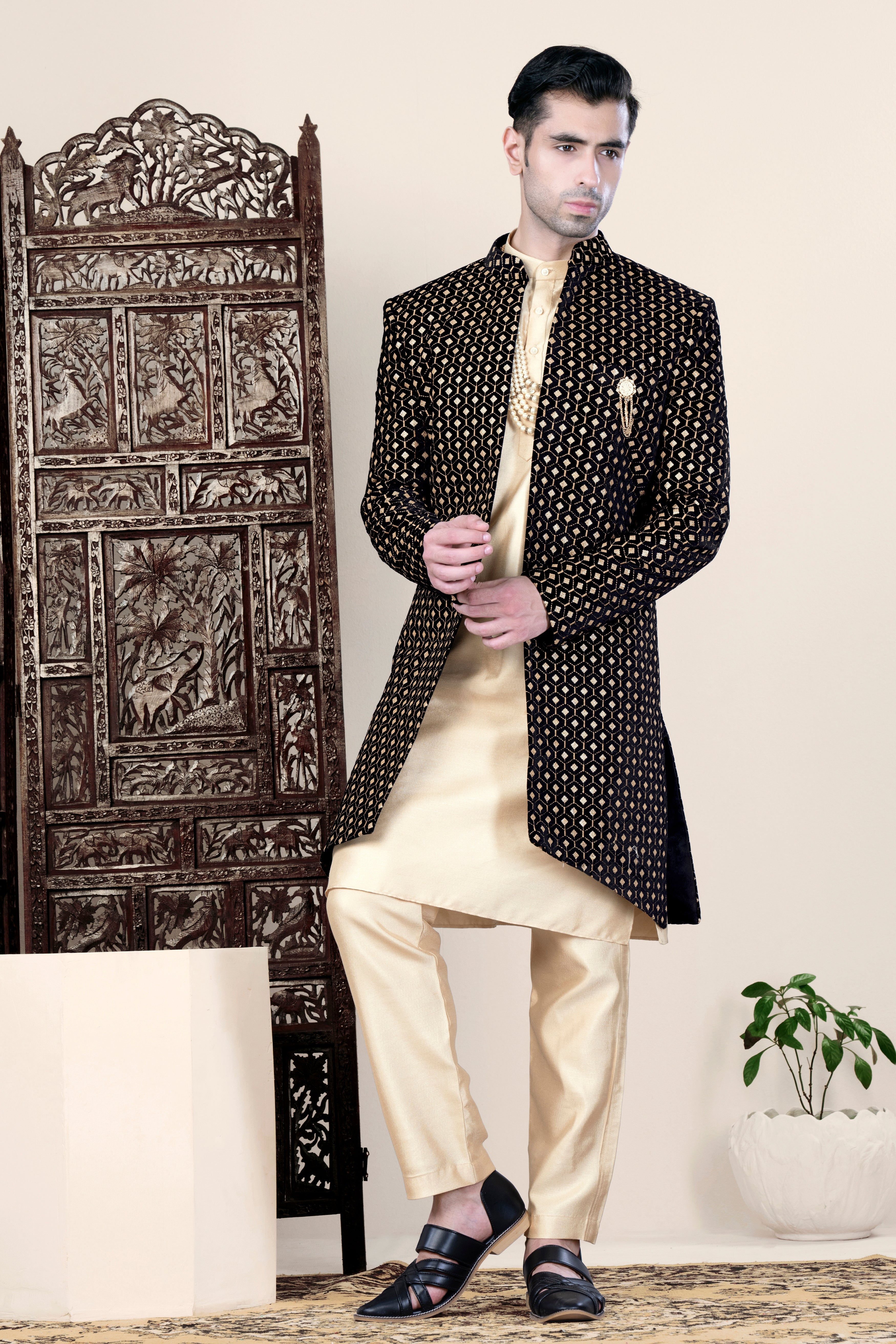 Jade Black and Fawn Brown Geometric Pattern Thread and Sequin Embroidered Indo-Western