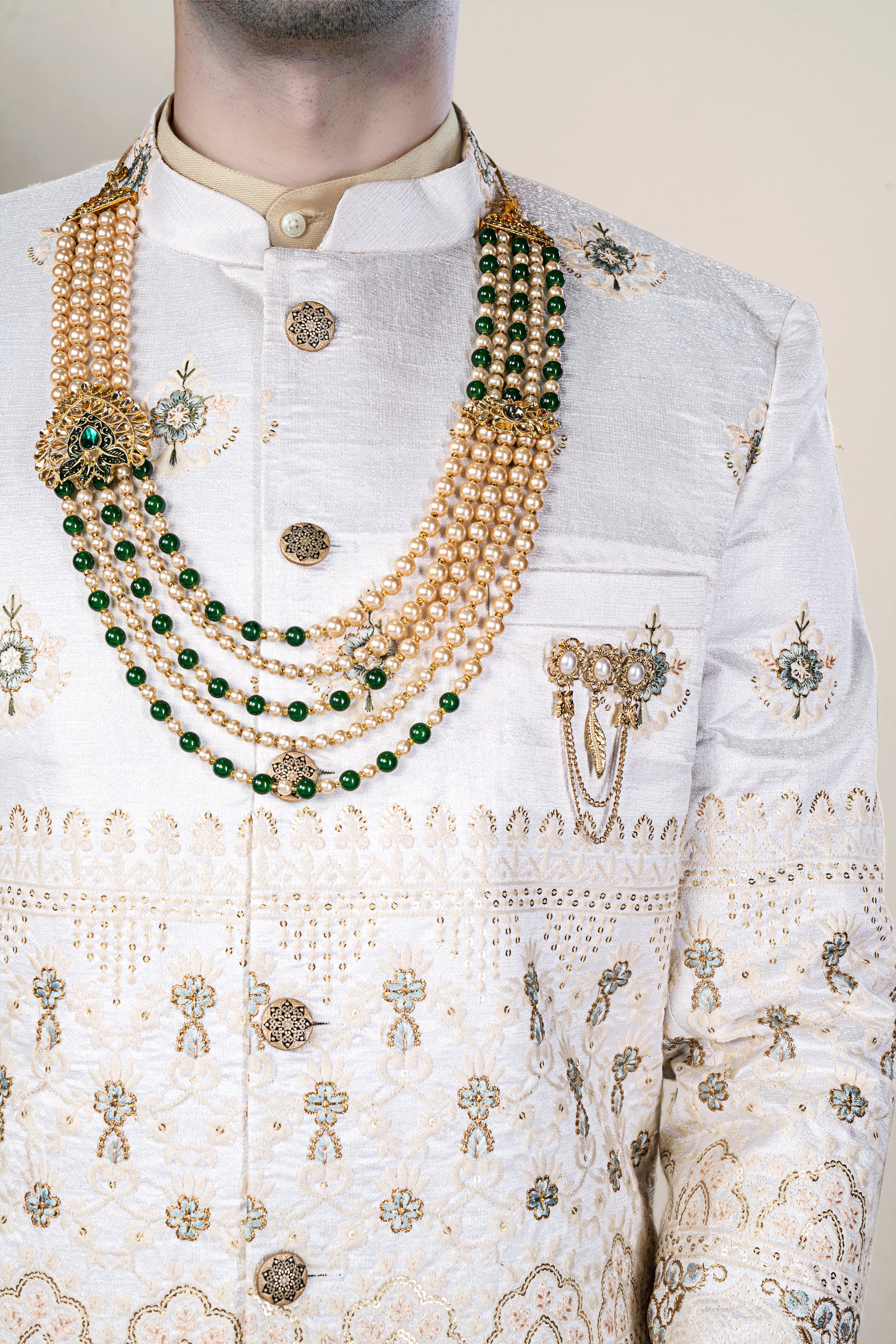 Bright White and Finch Green Floral Thread and Sequin Embroidered Jodhpuri