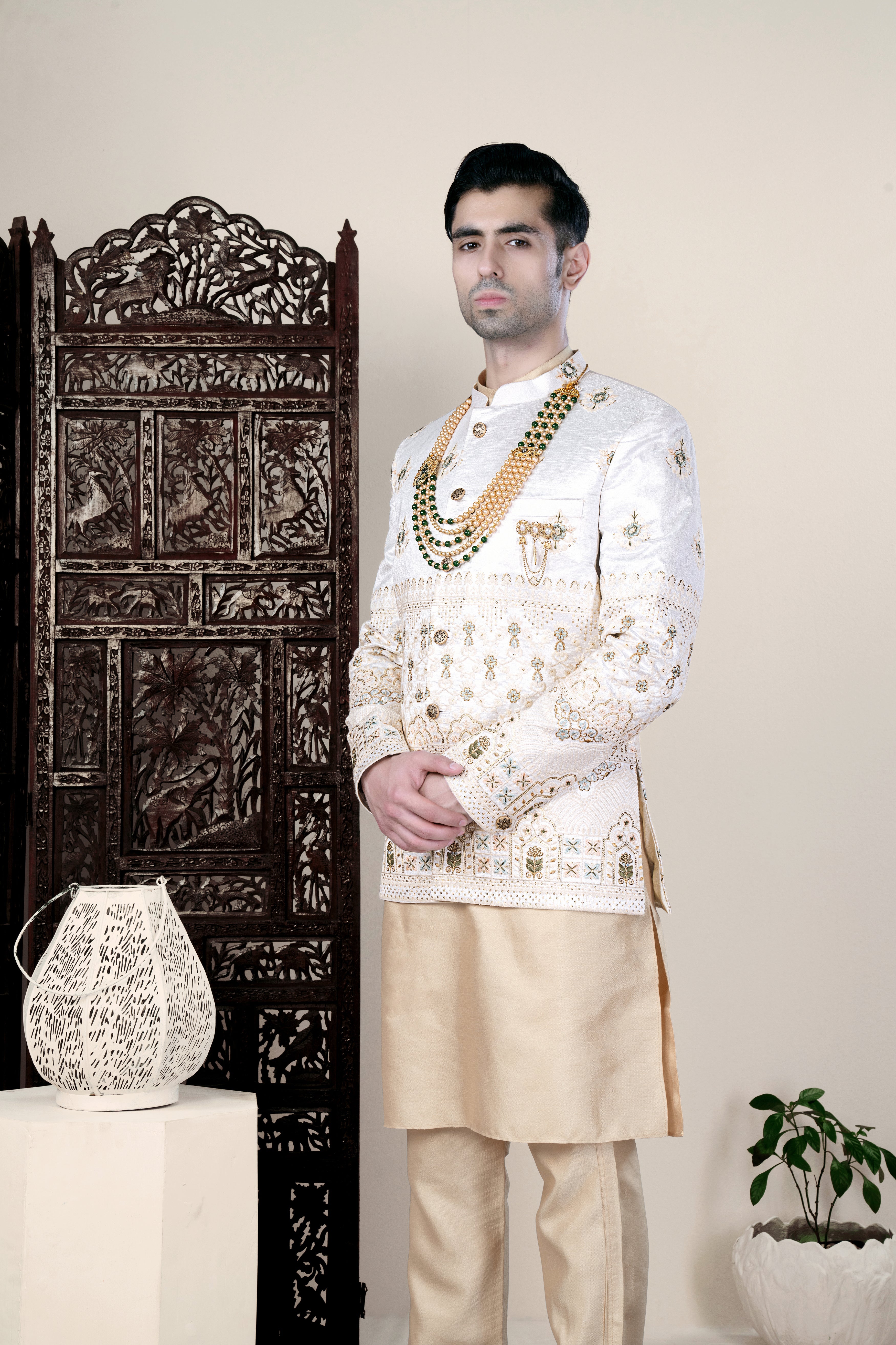 Bright White and Finch Green Floral Thread and Sequin Embroidered Jodhpuri