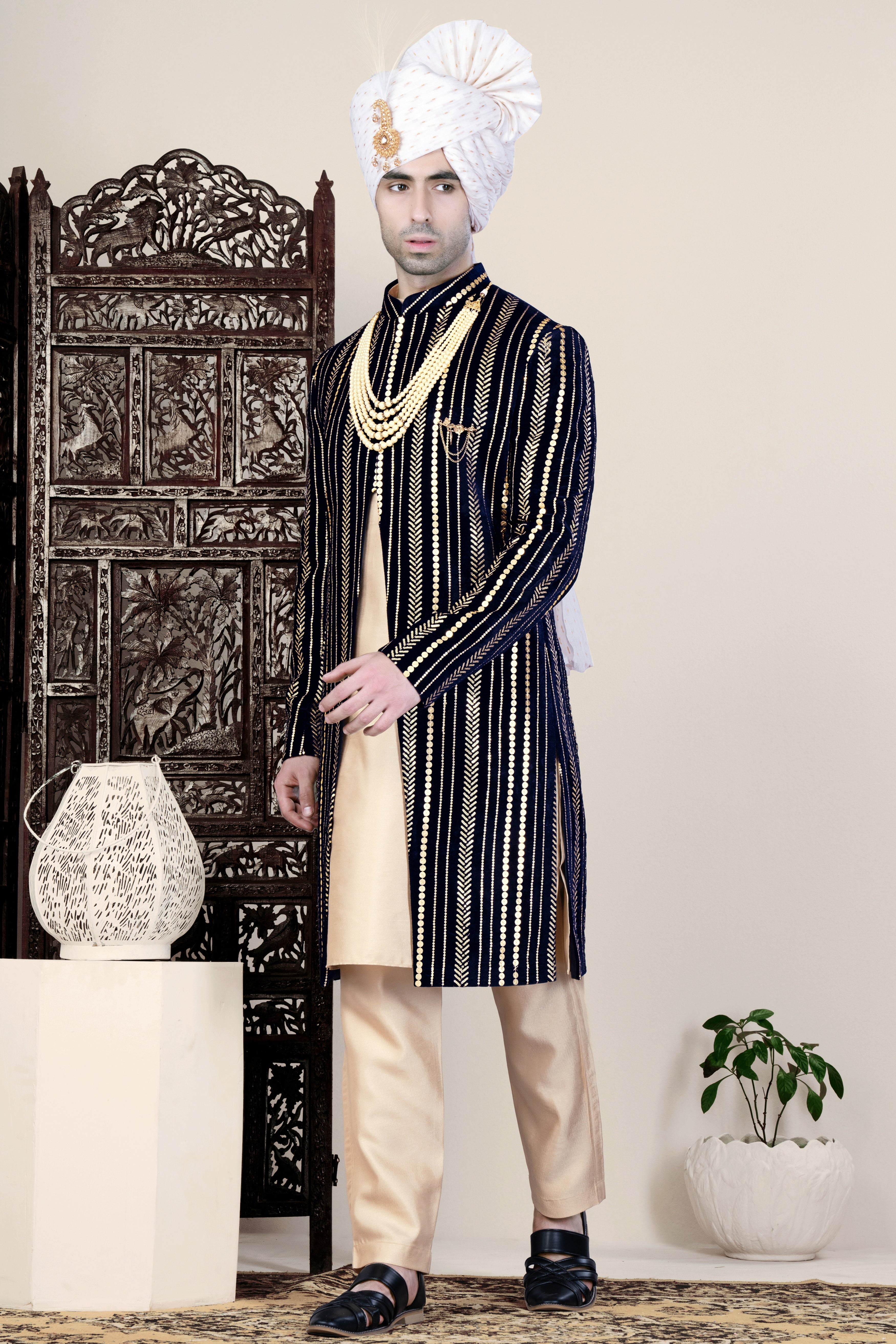 Ebony Clay Blue Vertical Sequin Embroidered Indo-Western Sherwani