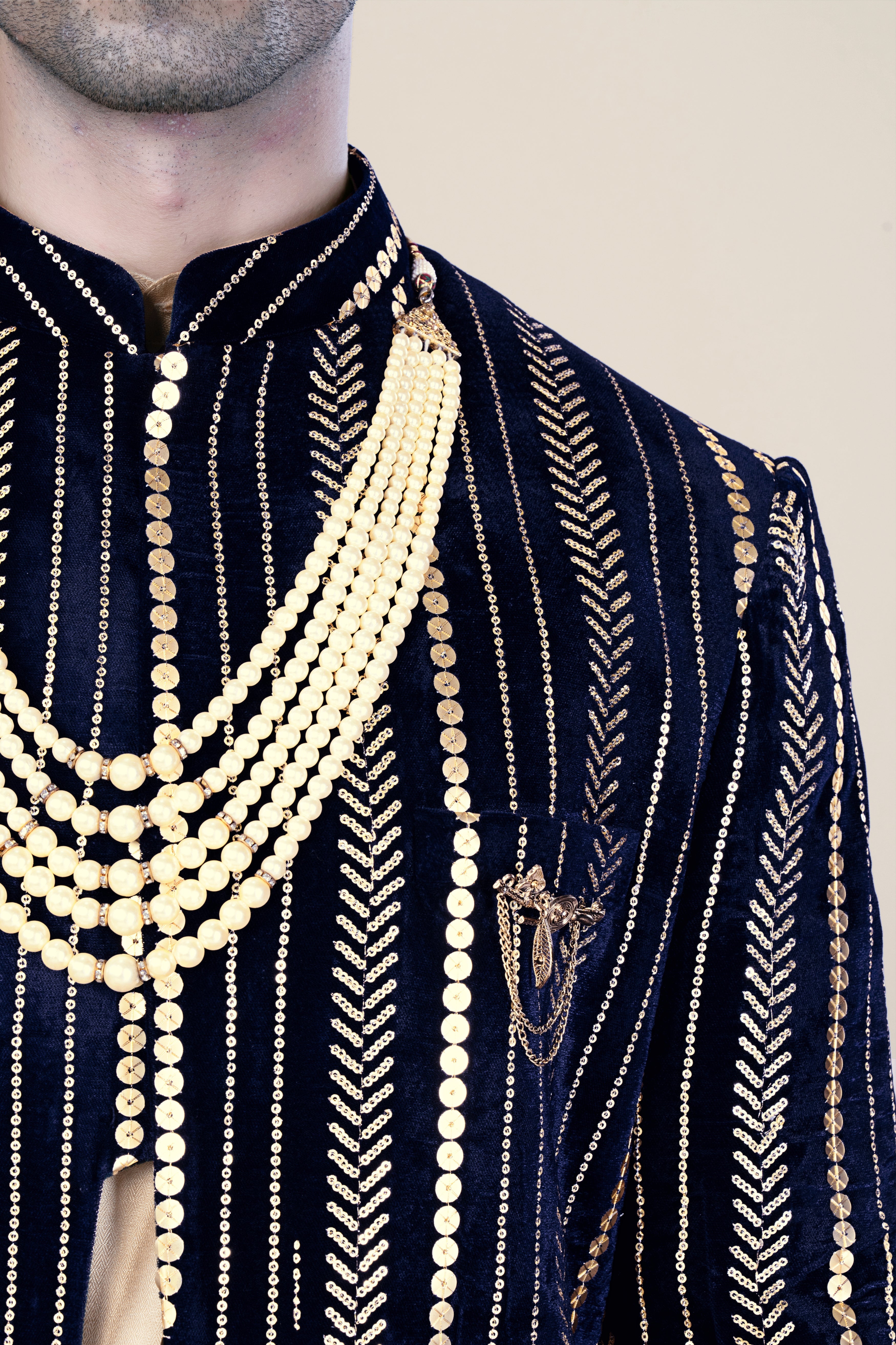 Ebony Clay Blue Vertical Sequin Embroidered Indo-Western Sherwani