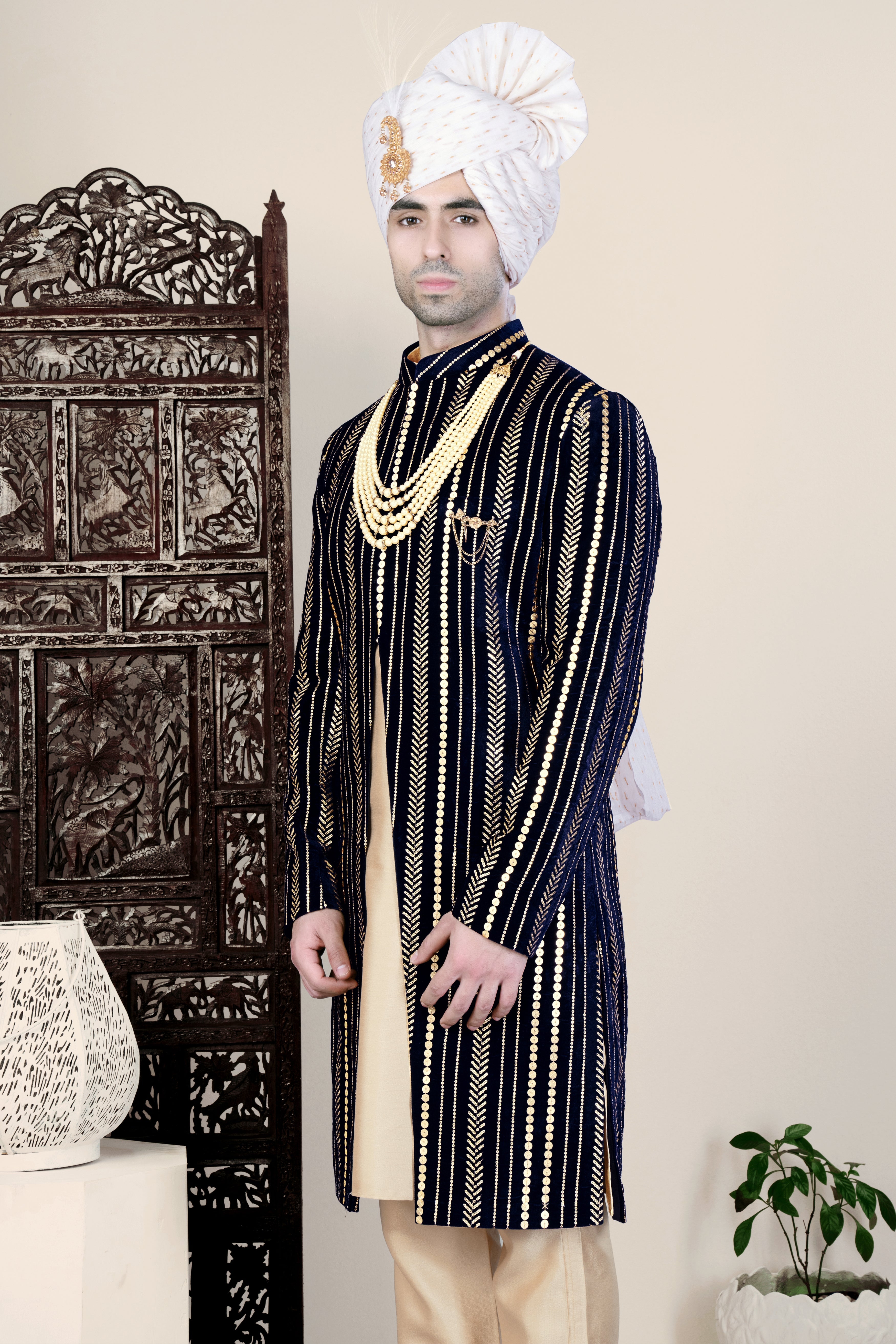 Ebony Clay Blue Vertical Sequin Embroidered Indo-Western Sherwani