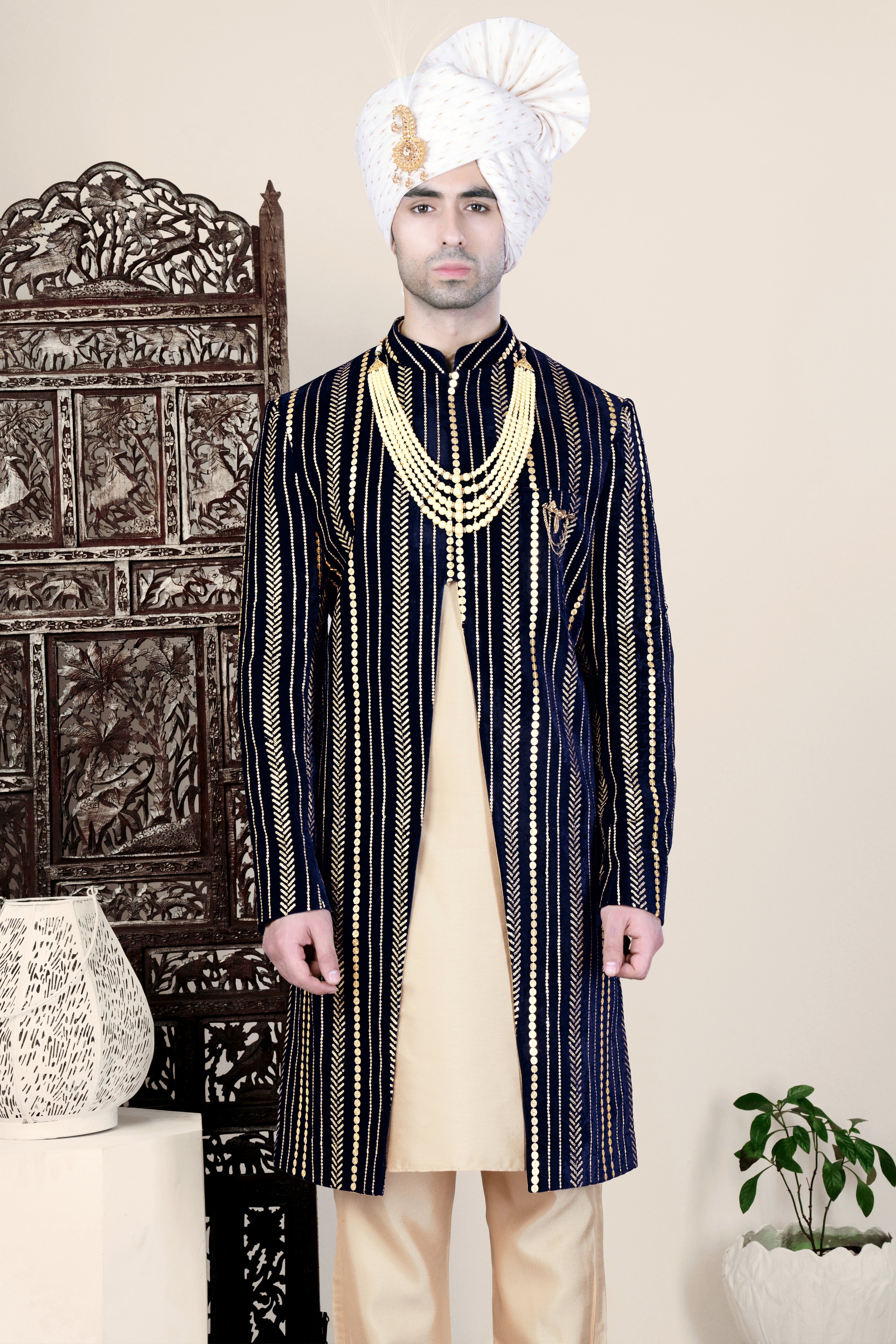 Ebony Clay Blue Vertical Sequin Embroidered Indo-Western Sherwani