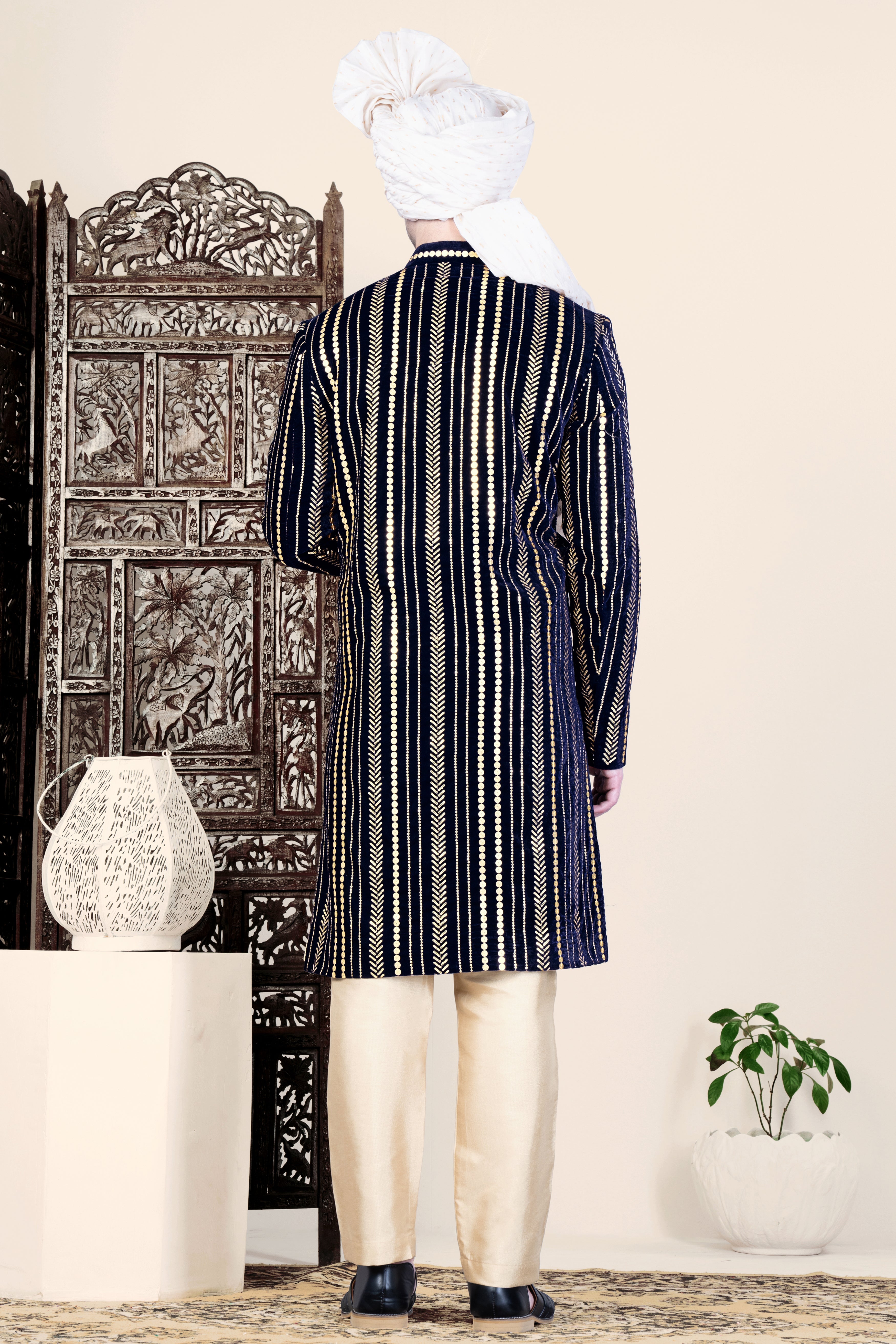 Ebony Clay Blue Vertical Sequin Embroidered Indo-Western Sherwani