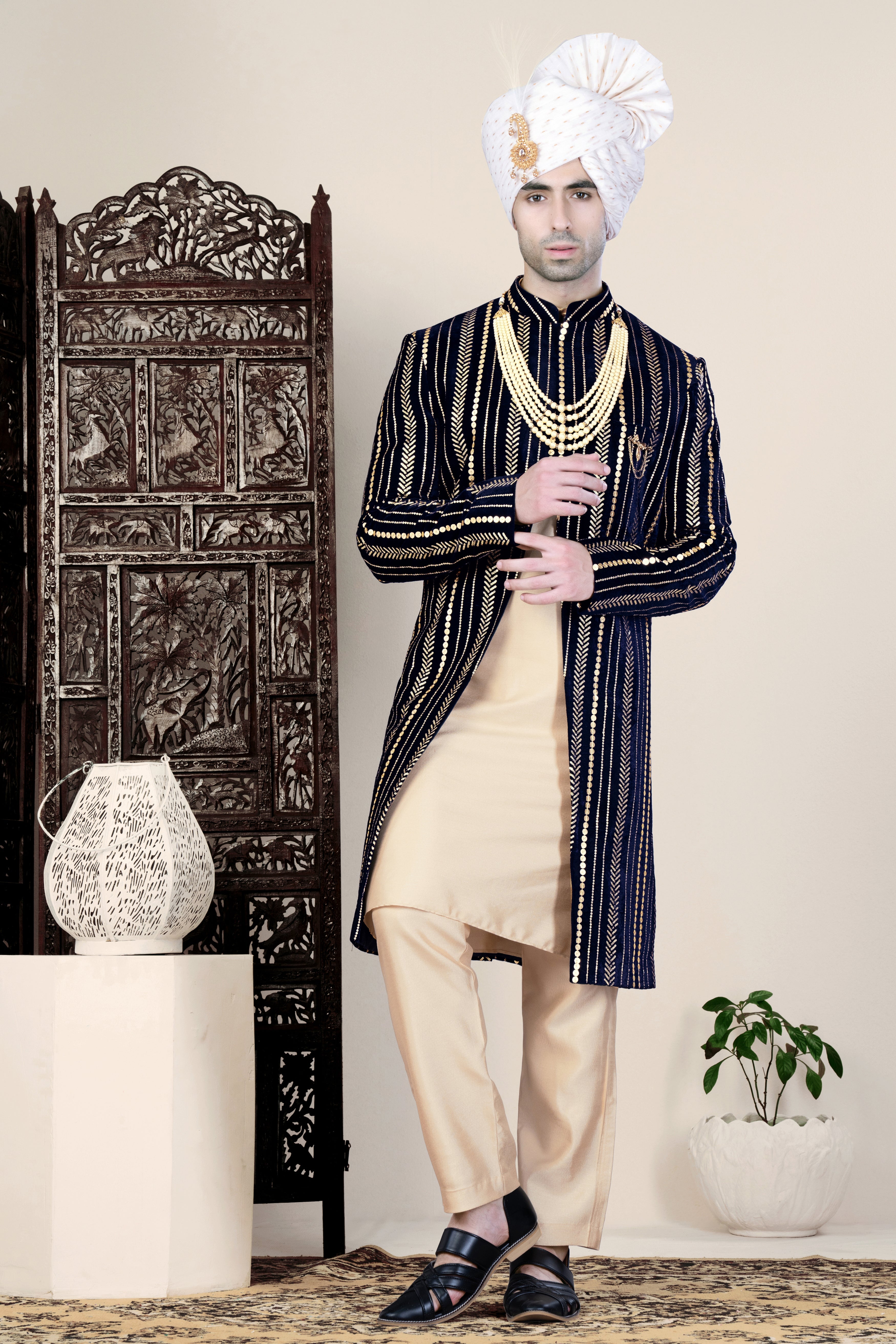 Ebony Clay Blue Vertical Sequin Embroidered Indo-Western Sherwani