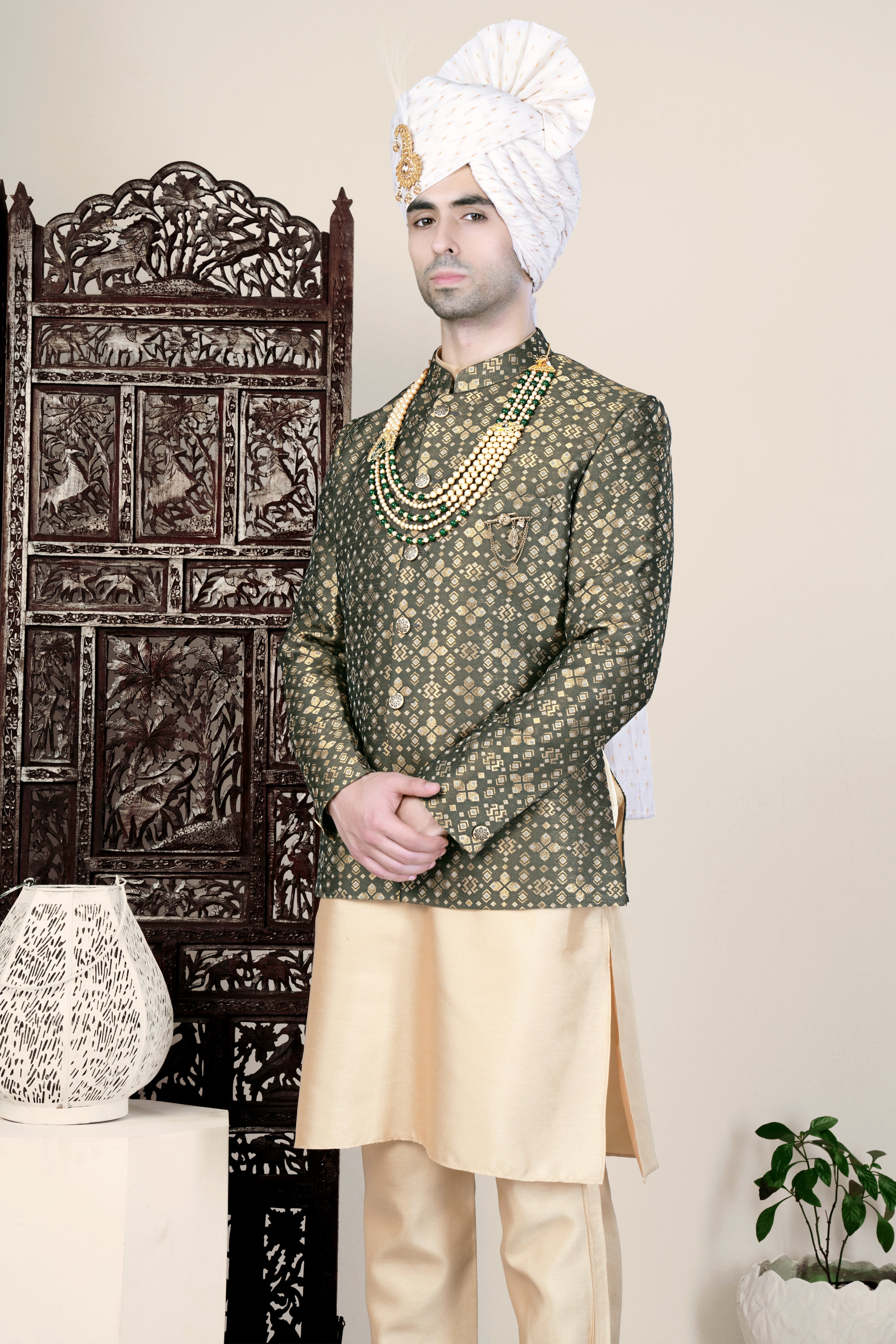 Kelp Green and Fawn Brown Jacquard Weave Jodhpuri