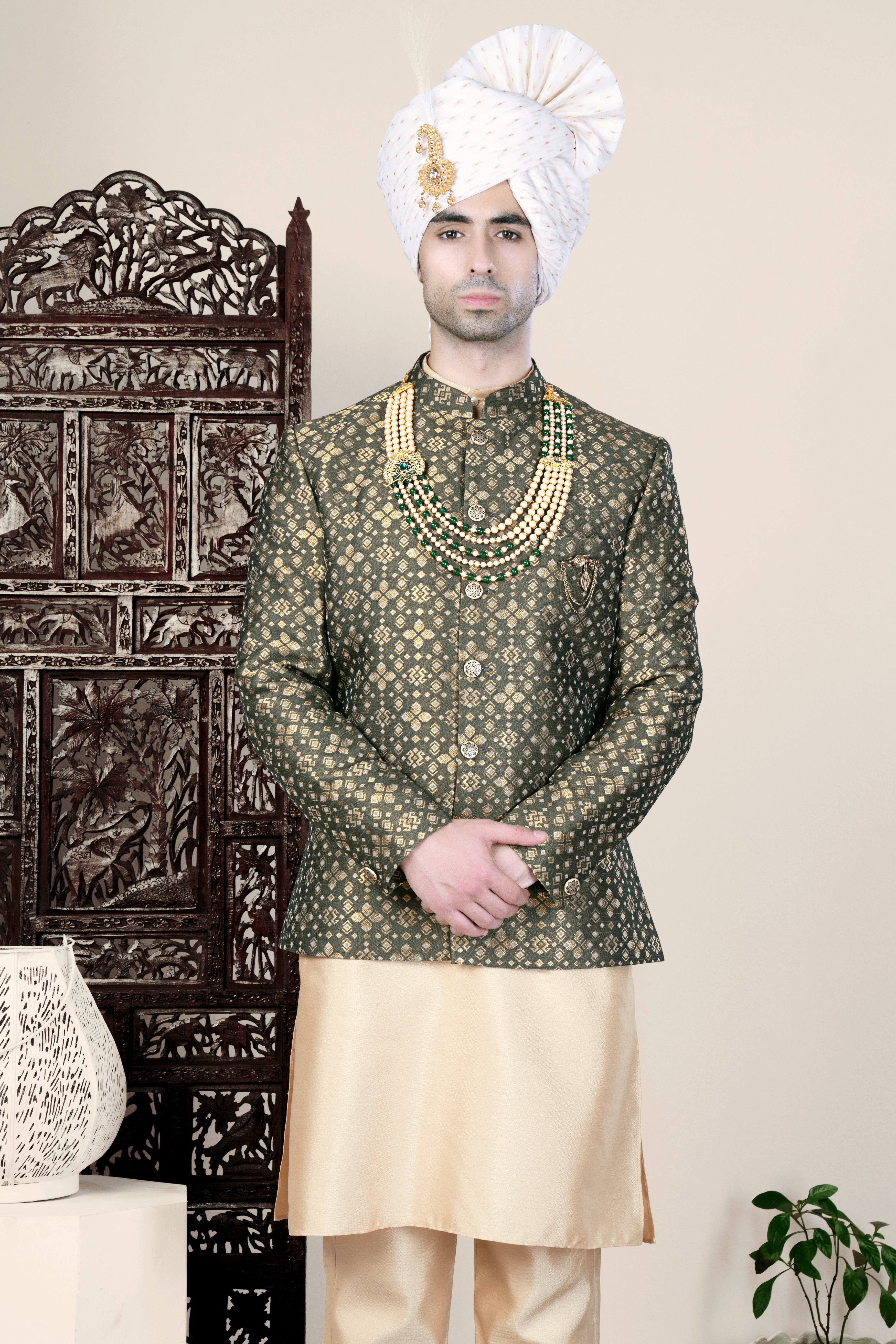 Kelp Green and Fawn Brown Jacquard Weave Jodhpuri