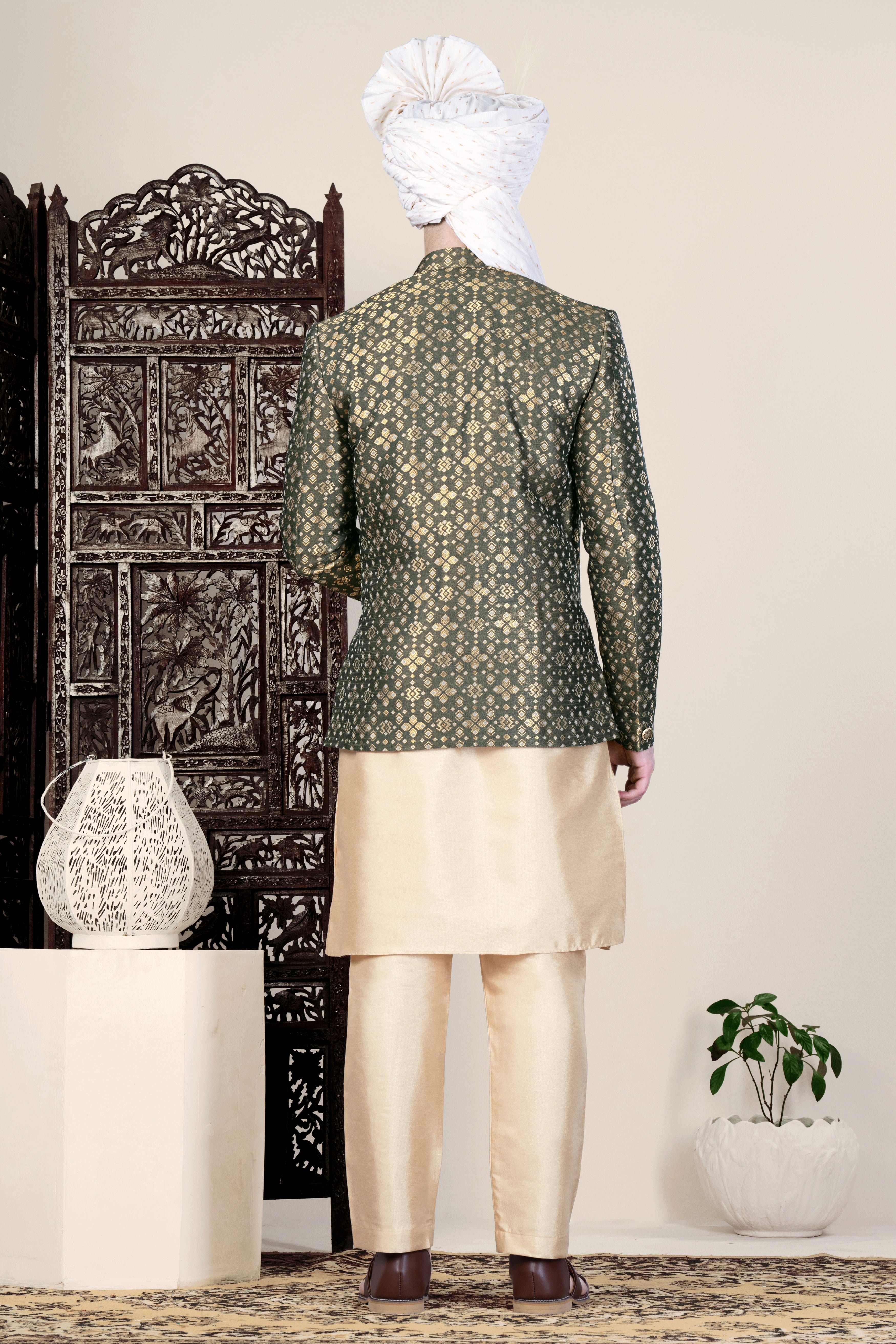 Kelp Green and Fawn Brown Jacquard Weave Jodhpuri