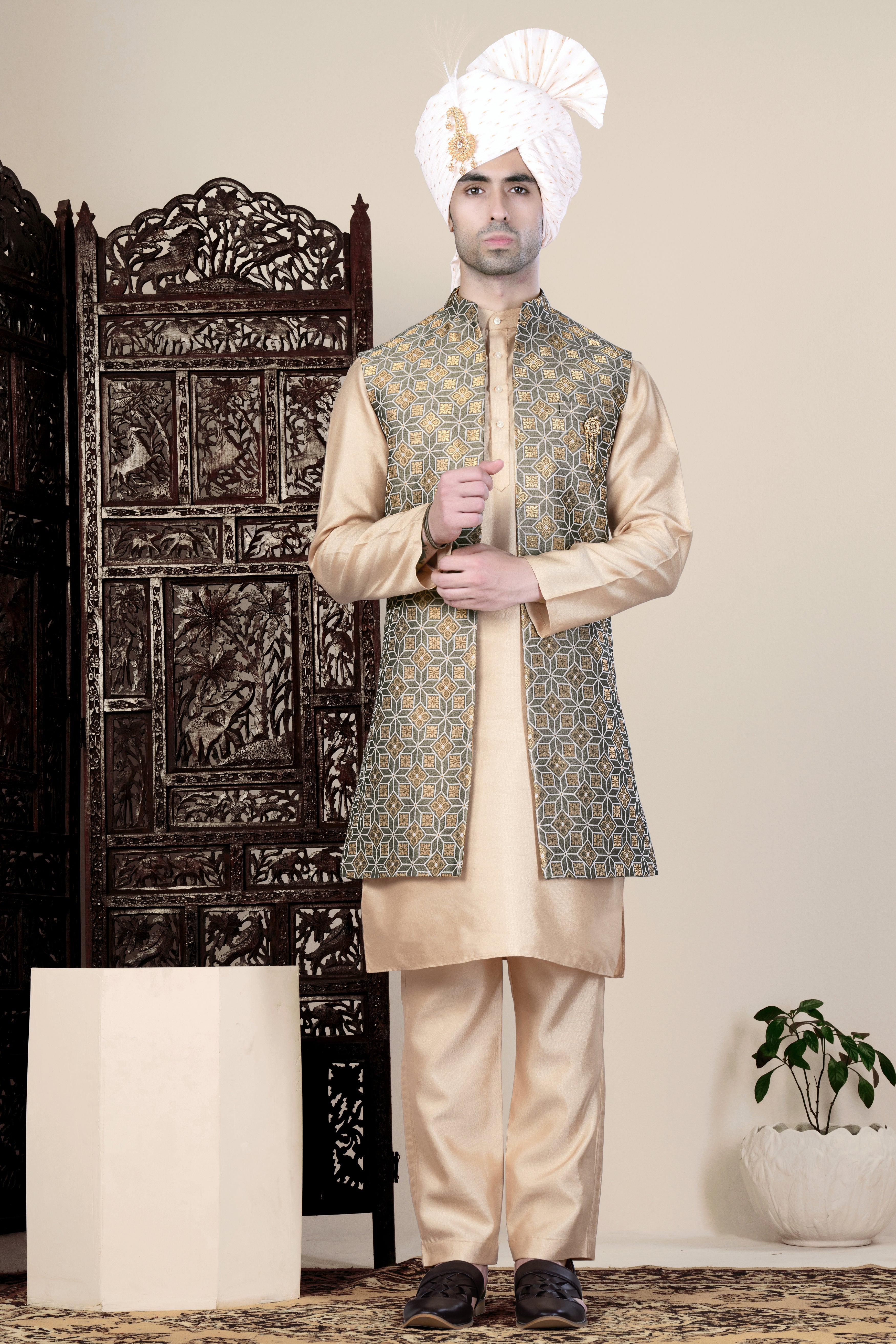 Friar Gray and Pavlova Brown Geometric Pattern Jacquard Weave Long Open Koti with Kurta SHR92-SRW66-36, SHR92-SRW66-38, SHR92-SRW66-40, SHR92-SRW66-42, SHR92-SRW66-44, SHR92-SRW66-46, SHR92-SRW66-48, SHR92-SRW66-50, SHR92-SRW66-52, SHR92-SRW66-54, SHR92-SRW66-56, SHR92-SRW66-58, SHR92-SRW66-60