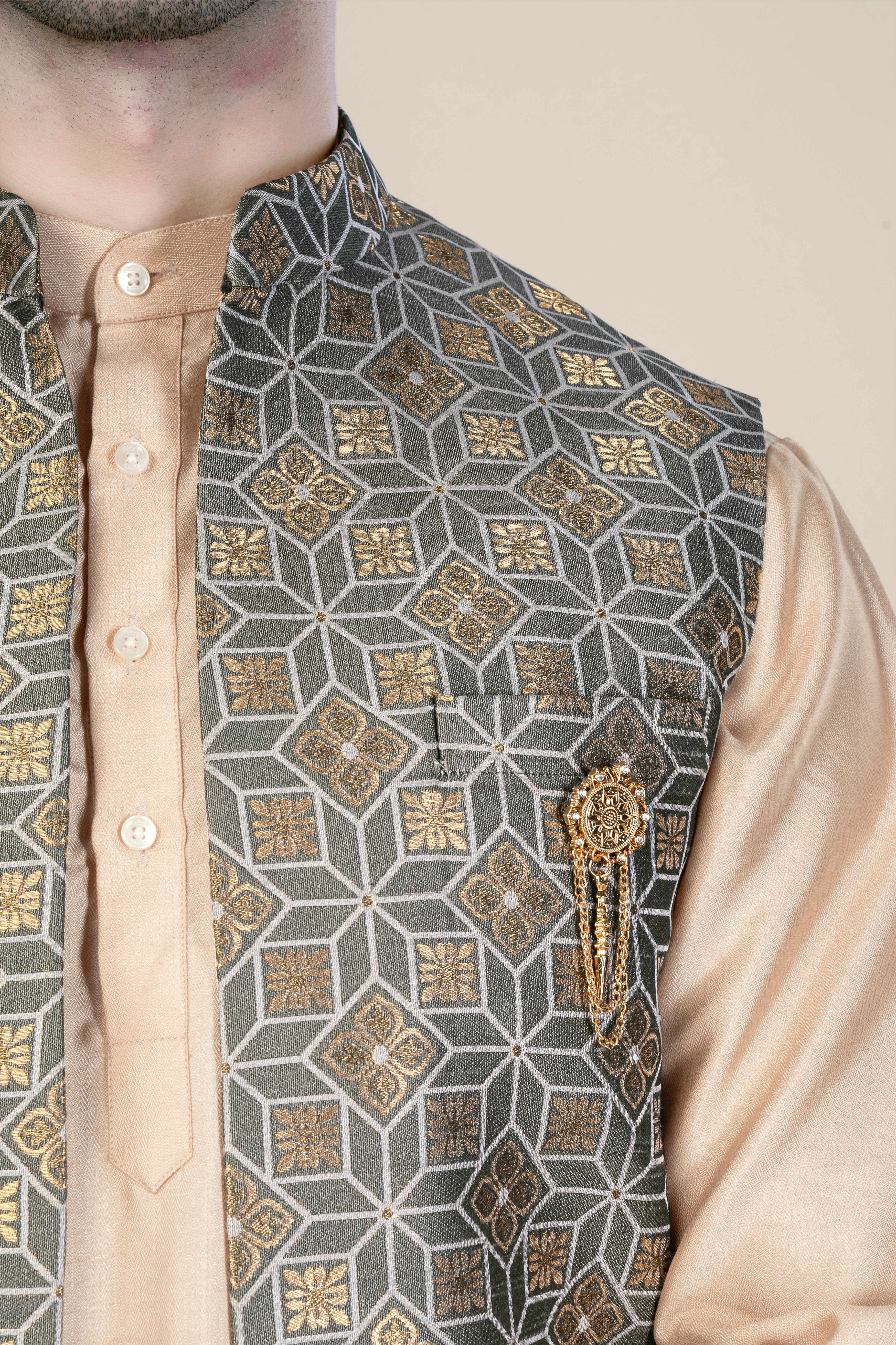 Friar Gray and Pavlova Brown Geometric Pattern Jacquard Weave Long Open Koti with Kurta SHR92-SRW66-36, SHR92-SRW66-38, SHR92-SRW66-40, SHR92-SRW66-42, SHR92-SRW66-44, SHR92-SRW66-46, SHR92-SRW66-48, SHR92-SRW66-50, SHR92-SRW66-52, SHR92-SRW66-54, SHR92-SRW66-56, SHR92-SRW66-58, SHR92-SRW66-60