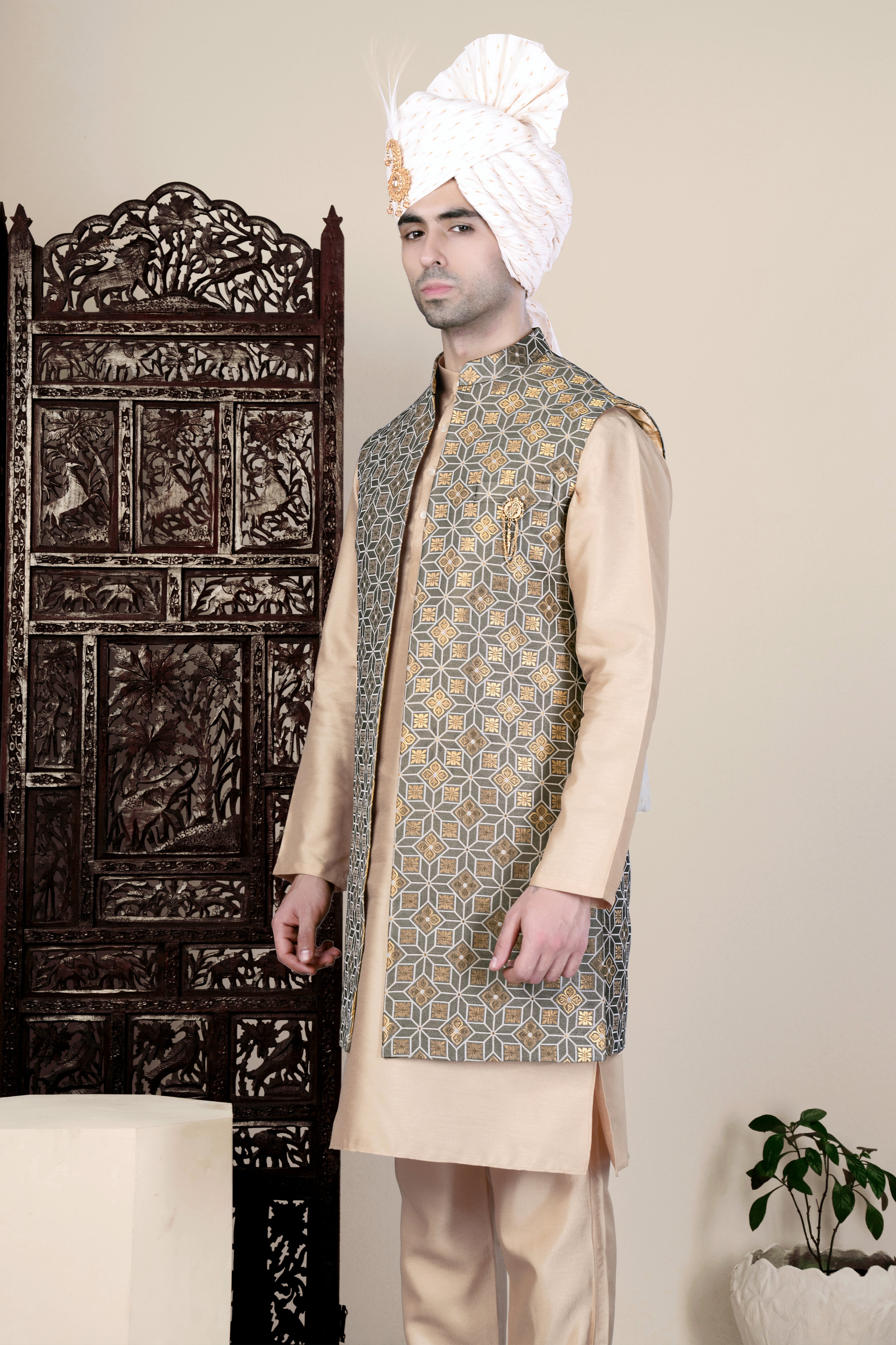 Friar Gray and Pavlova Brown Geometric Pattern Jacquard Weave Long Open Koti with Kurta SHR92-SRW66-36, SHR92-SRW66-38, SHR92-SRW66-40, SHR92-SRW66-42, SHR92-SRW66-44, SHR92-SRW66-46, SHR92-SRW66-48, SHR92-SRW66-50, SHR92-SRW66-52, SHR92-SRW66-54, SHR92-SRW66-56, SHR92-SRW66-58, SHR92-SRW66-60