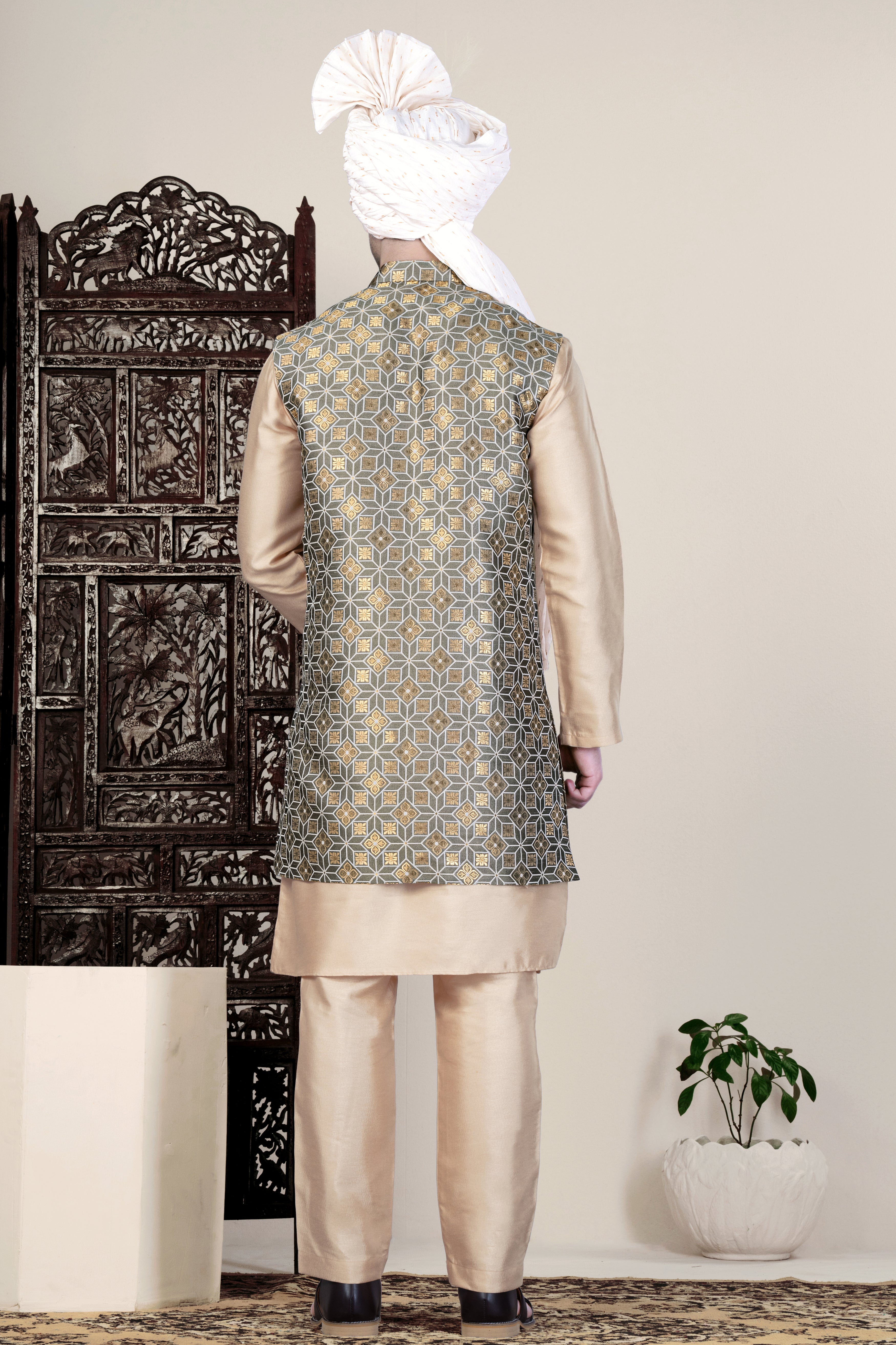 Friar Gray and Pavlova Brown Geometric Pattern Jacquard Weave Long Open Koti with Kurta SHR92-SRW66-36, SHR92-SRW66-38, SHR92-SRW66-40, SHR92-SRW66-42, SHR92-SRW66-44, SHR92-SRW66-46, SHR92-SRW66-48, SHR92-SRW66-50, SHR92-SRW66-52, SHR92-SRW66-54, SHR92-SRW66-56, SHR92-SRW66-58, SHR92-SRW66-60