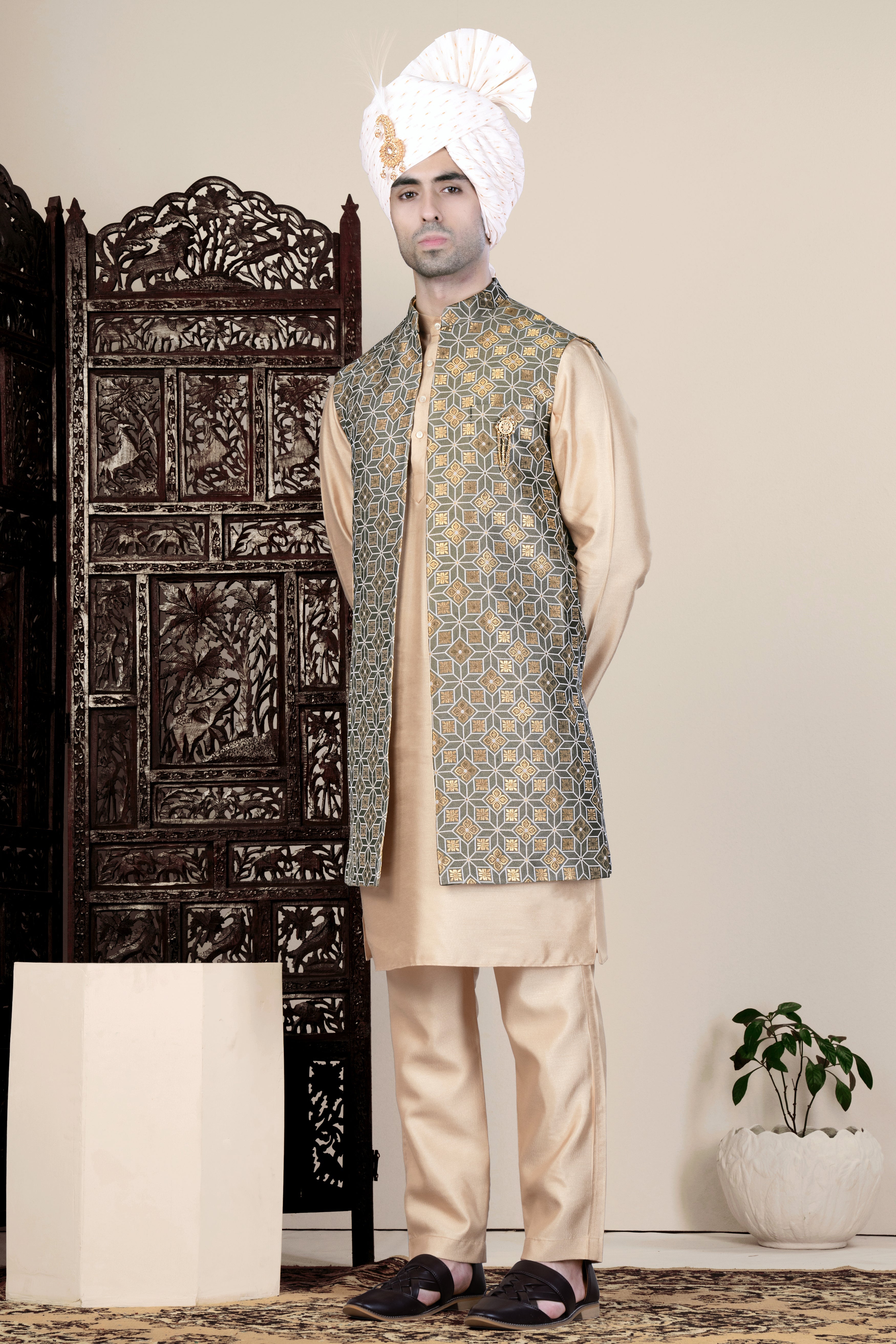 Friar Gray and Pavlova Brown Geometric Pattern Jacquard Weave Long Open Koti with Kurta SHR92-SRW66-36, SHR92-SRW66-38, SHR92-SRW66-40, SHR92-SRW66-42, SHR92-SRW66-44, SHR92-SRW66-46, SHR92-SRW66-48, SHR92-SRW66-50, SHR92-SRW66-52, SHR92-SRW66-54, SHR92-SRW66-56, SHR92-SRW66-58, SHR92-SRW66-60