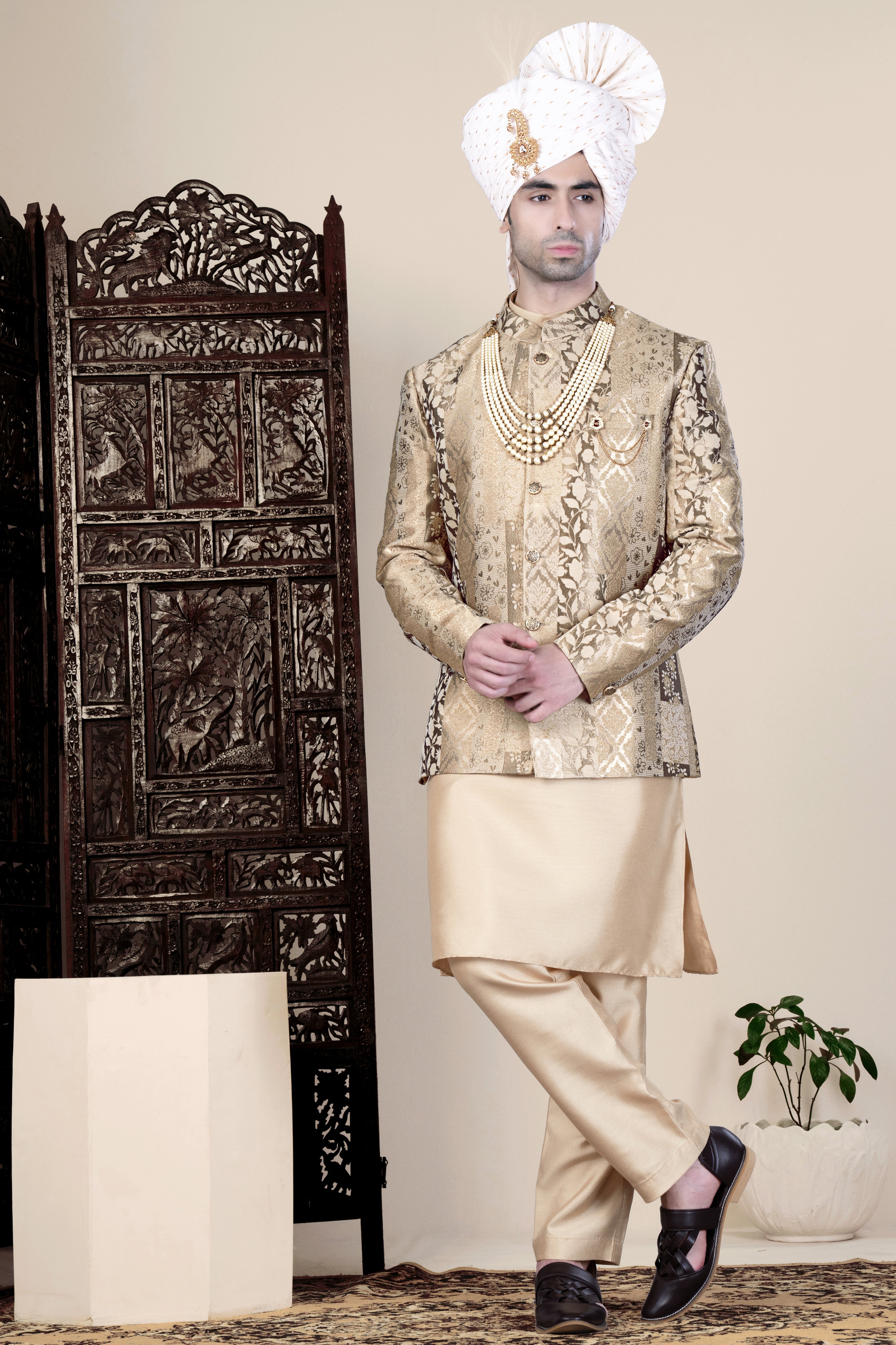 Cashmere and Sandrift Brown Jacquard Floral Weave Jodhpuri
