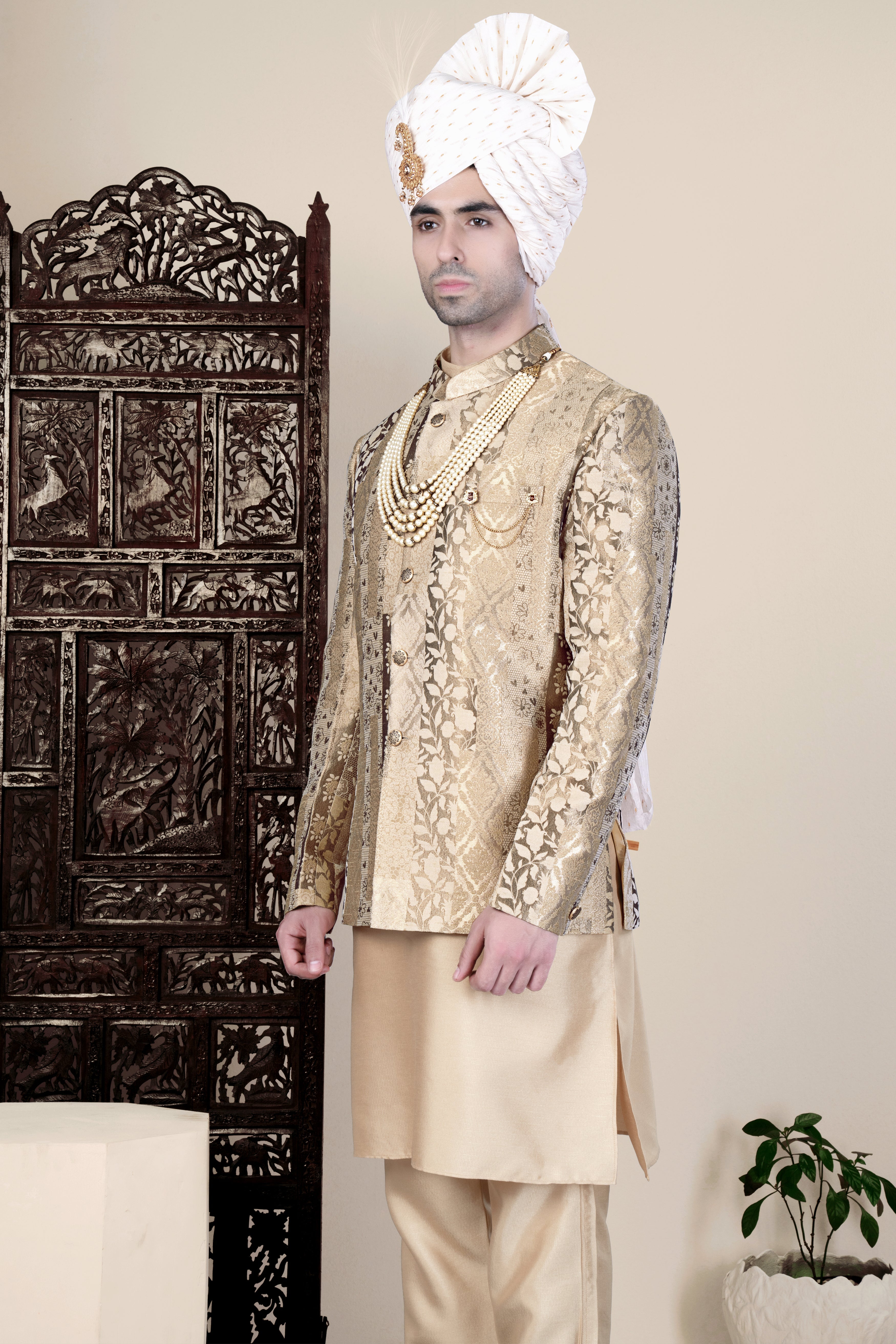 Cashmere and Sandrift Brown Jacquard Floral Weave Jodhpuri Set